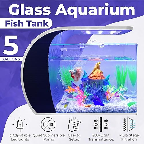 Miniatura 2 de Tanque de peces de 5 galones, tanque de vidrio en forma de arco con luces LED, kit de tanque de peces con filtro, bomba de agua, bolsa de medios de