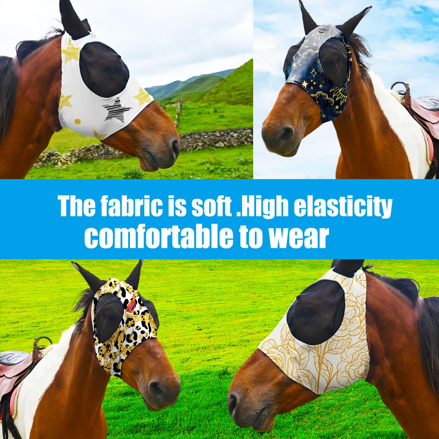 Super Comfort Fliegenmaske für Pferde mit Ohren, elastische Fliegenmaske mit UV-Schutz (Größe: L, 8 Stück)