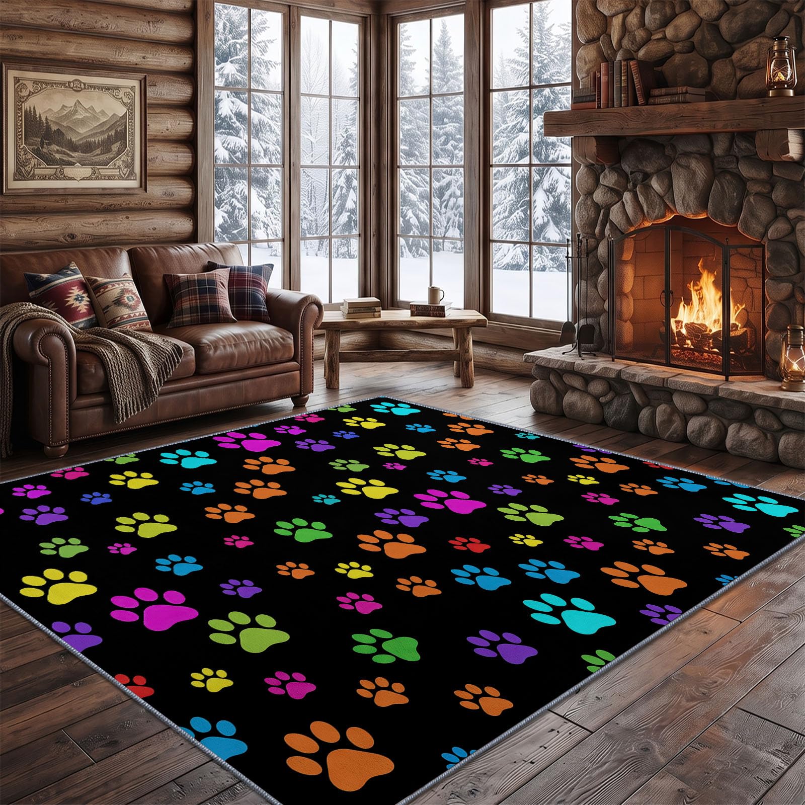 Noir Tapis Salon 80 x 150 cm, Ludique Lavable en Machine Tapis | Chambre Antidérapant, Minimaliste Empreinte De Patte Animale Tapise Bureau Salle a Manger, Doux Poil Ras Rug, Cuisine
