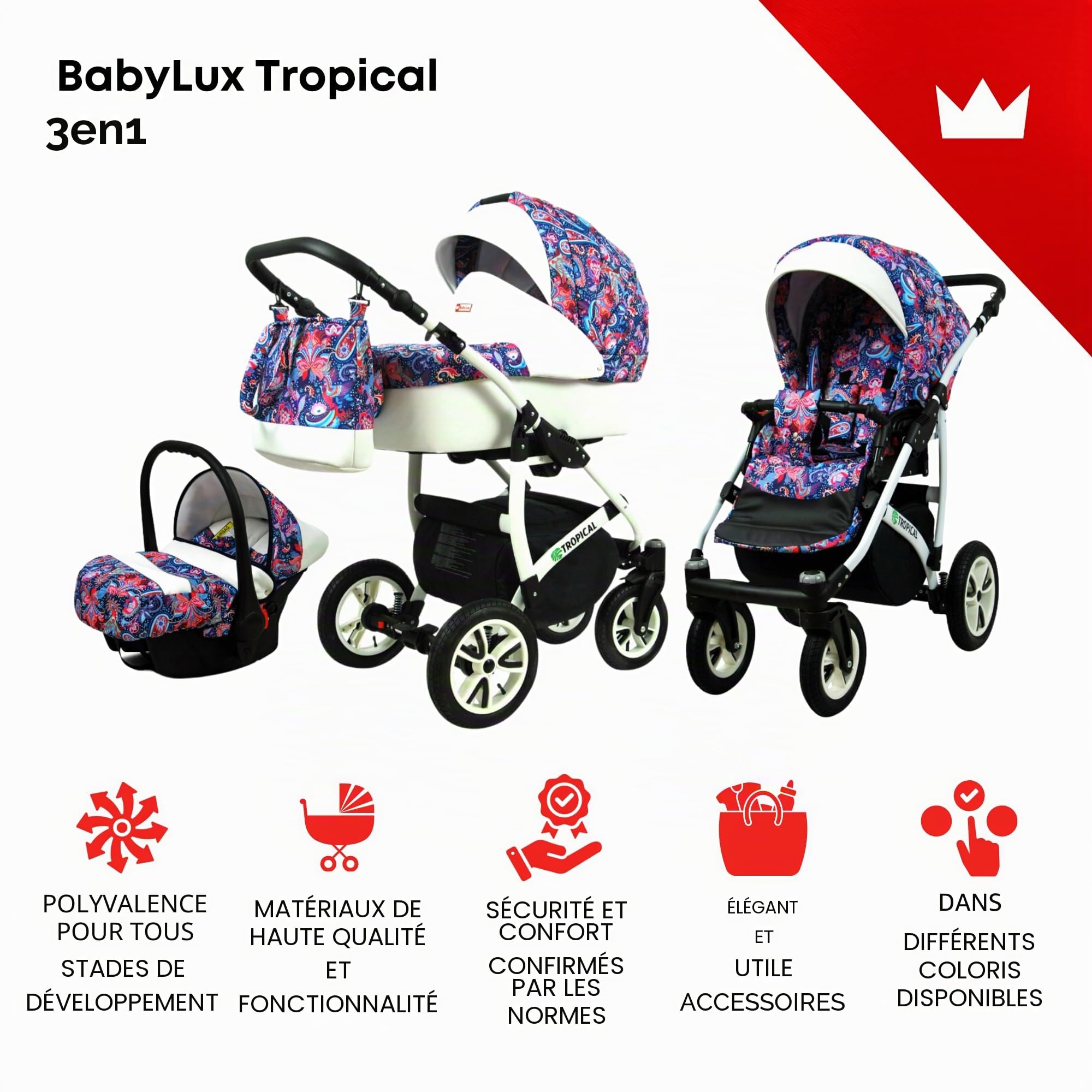 BabyLux® Enfant Poussette Combinée Set 3 en 1 - Tropical - incl. Nacelle, Canne, Siège de voiture - Siège Auto - Pliable - avec Sac à langer, Habillage pluie, Moustiquaire etc.