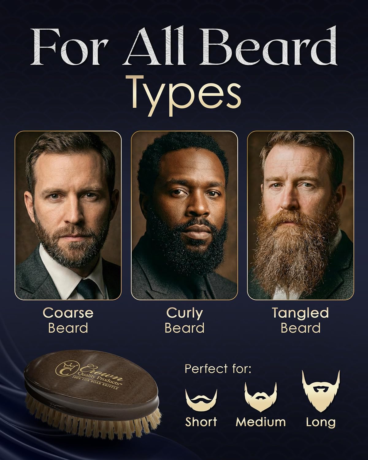 Ultimate Beard Hairbrush - Designed for Beards - Soft Natural Boar Bristle, All Purpose Detailing Brush, Solid Maple, High Gloss Rosewood Finish, Gold Engraved, Compact size by Crown Quality Products