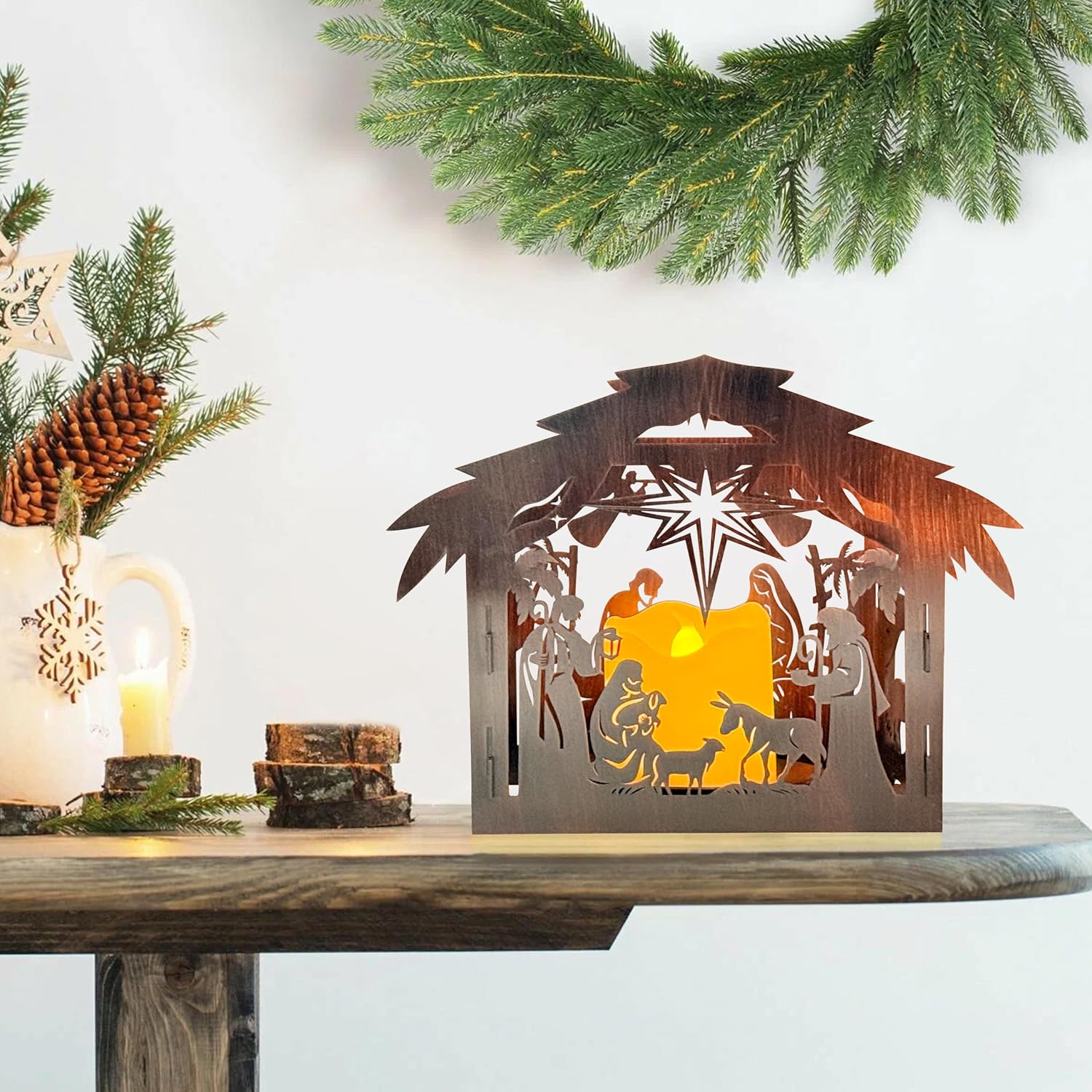 Advent Christmas Metal Candle Holder, Nativity Scene Decor, Christ Holy Family Candlestick, Nativity Set for Christmas Home Church Table (Electroplated Bronze)