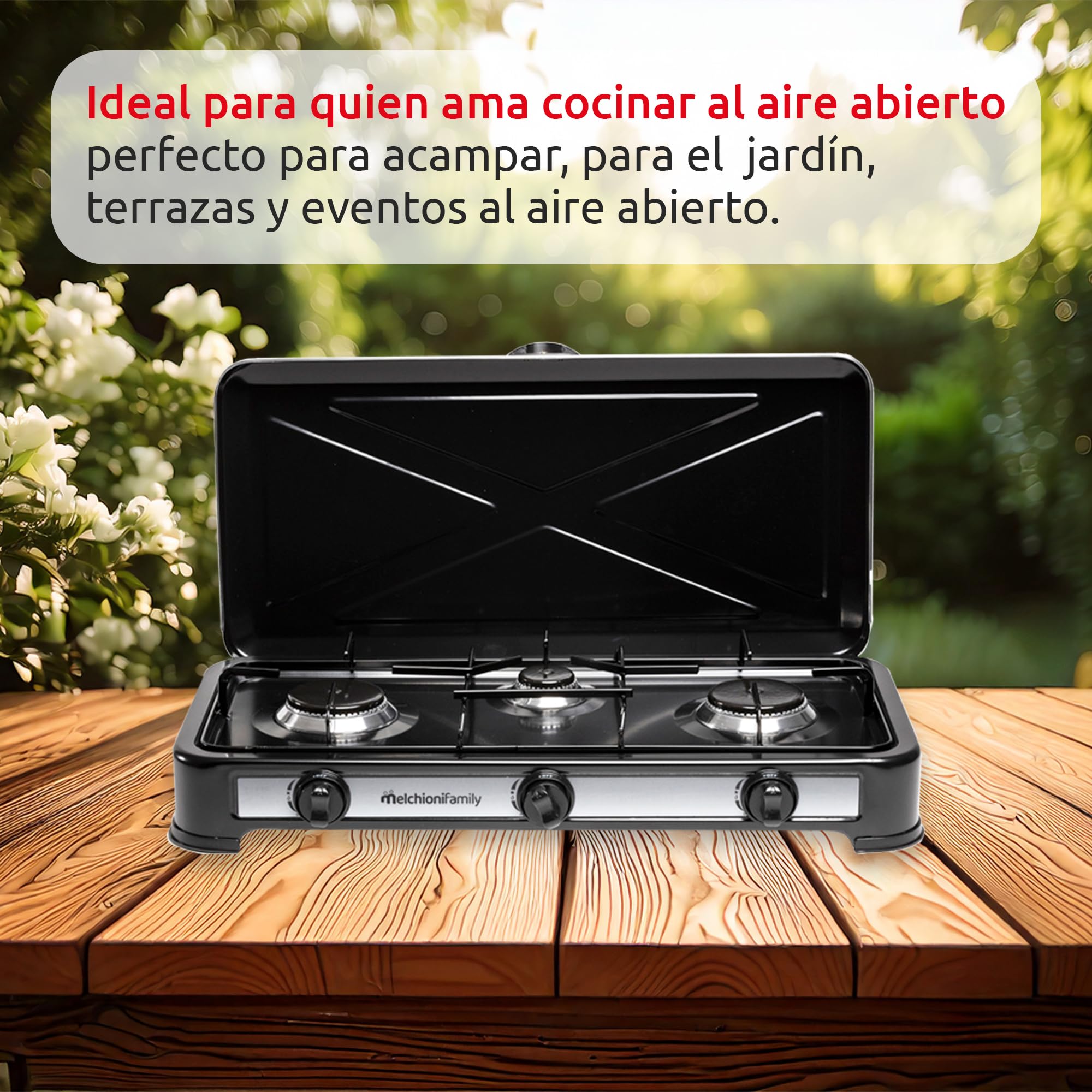 Melchioni Family | Hornillo de Camping 3 Fuegos Negro MINERVA 3, Gas GPL, Tapa Protectora, Parrilla y Quemadores Extraíbles, Estructura de Acero Esmaltado