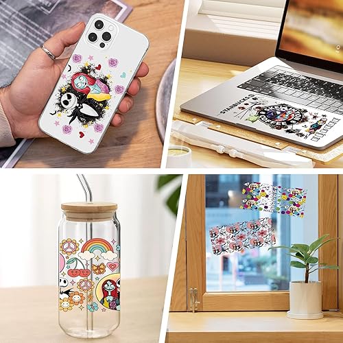 Miniatura 6 de 5 hojas de calcomanías de transferencia de vasos UV DTF para vidrio, Jack y Sally Frote en transferencias para vasos de vidrio de 16 onzas, muebles