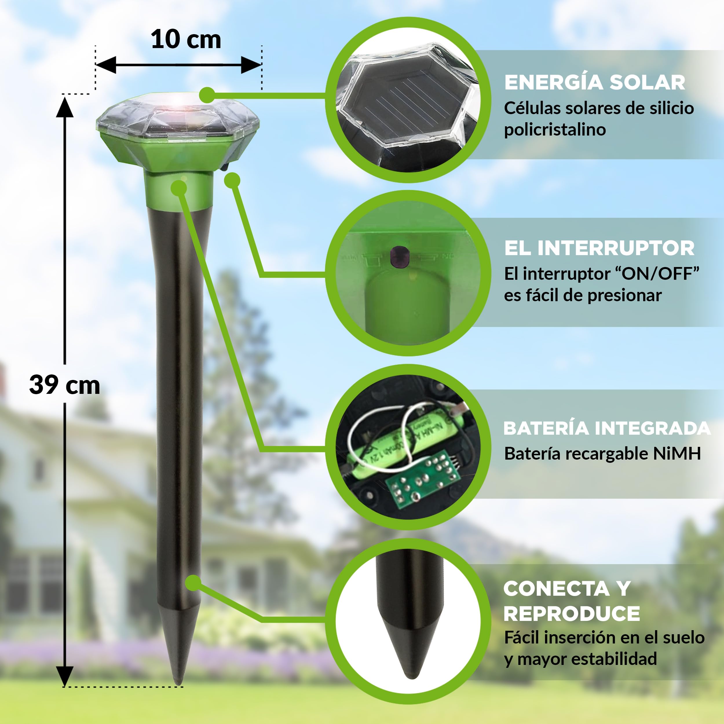 ISOTRONIC Repelente para Topos, topillos y Serpientes: Repelente Solar con estaca para jardín con Alcance Efectivo de 1000 m² (3 Unidades).
