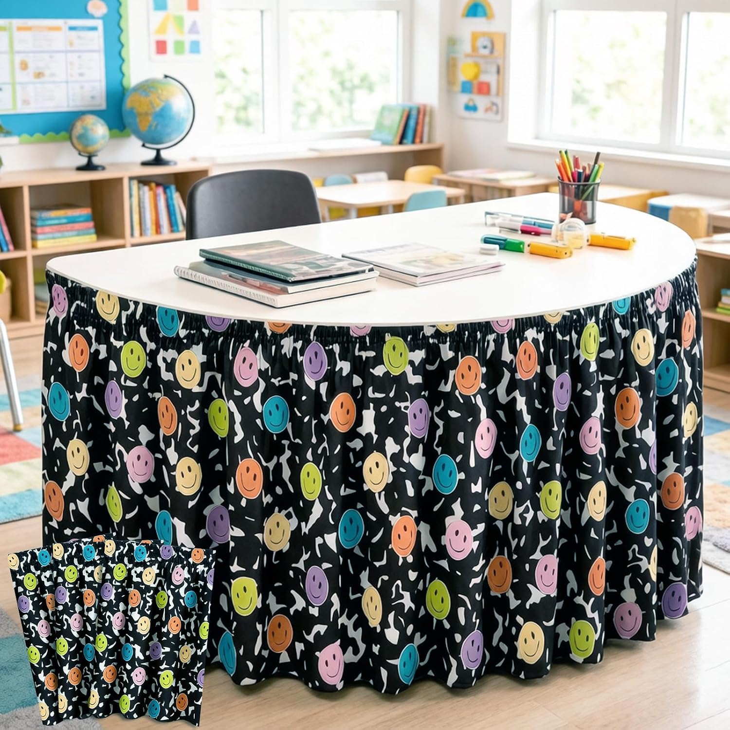Whaline 4 Pcs 14.1ft Black and White Composition Book Table Skirt Cloths for Teacher Desk Kidney Shaped Happy Face Plastic Table Skirts Decoration for First Day of School Party Classroom Supplies