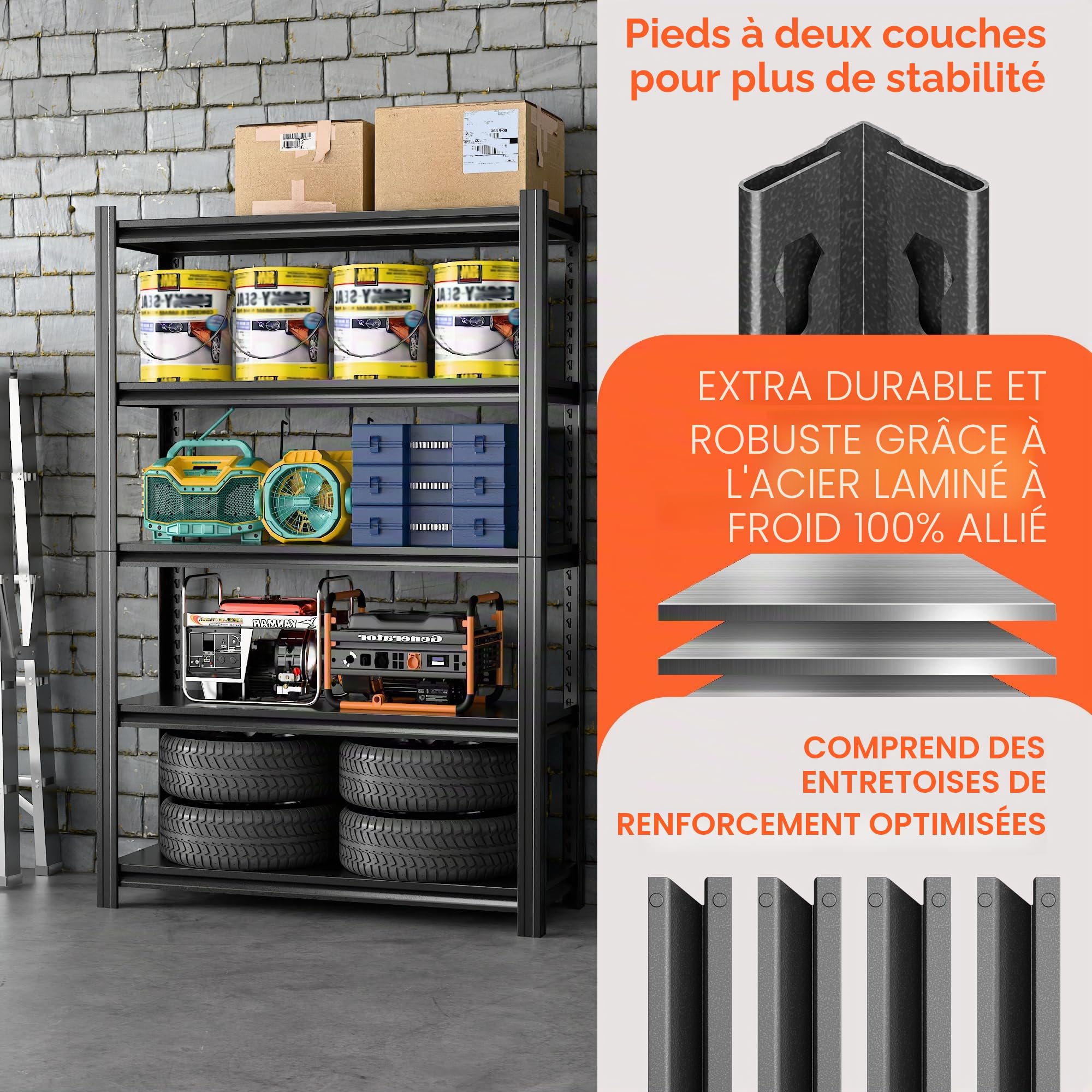 SUPEER Étagère pour charges lourdes - Meuble de rangement en métal - 183 x 90 x 40 cm - Noir - 5 étagères réglables - Pour cave, stockage - Charge maximale : 1000 kg