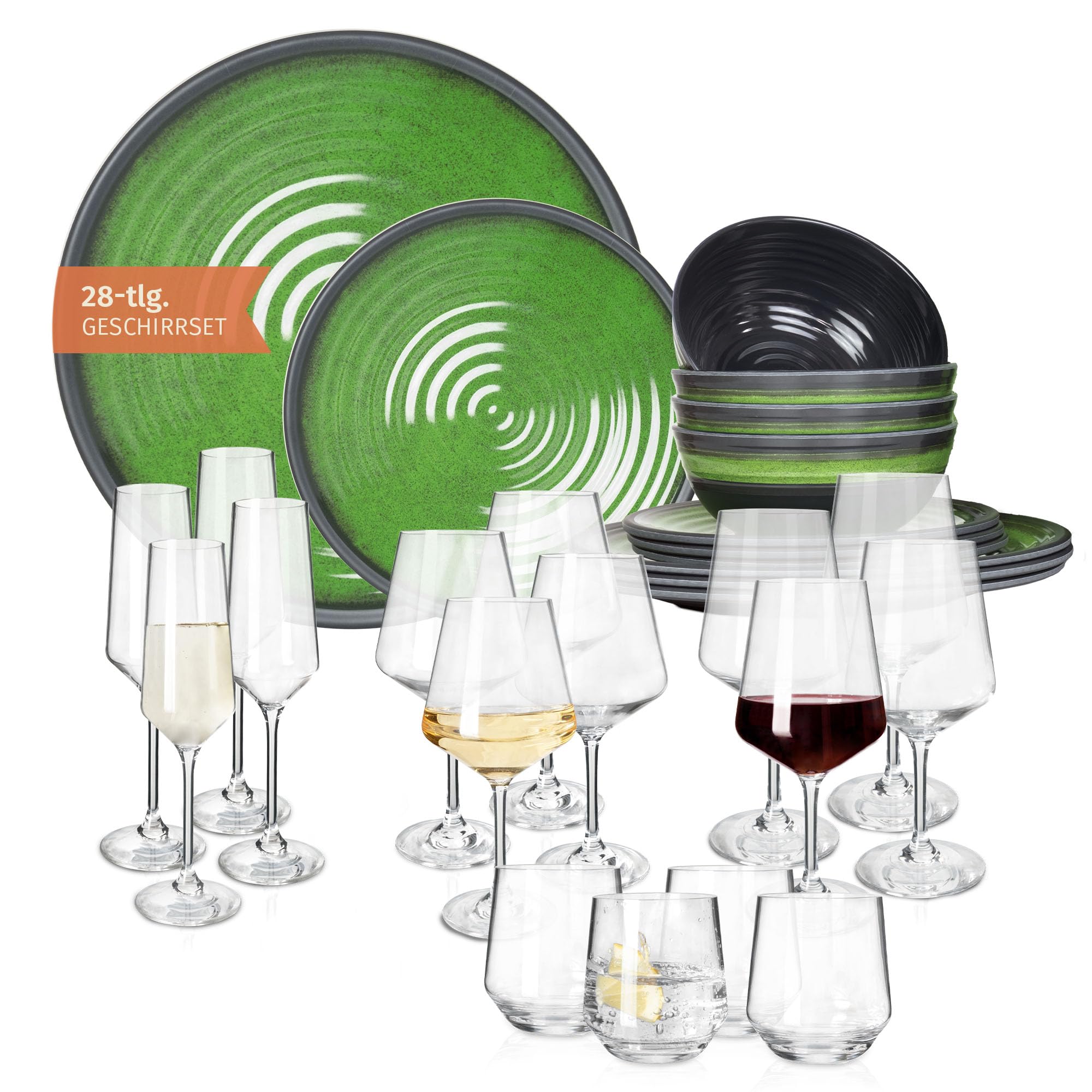 Vajilla de melamina para camping, 4 personas, color verde piedra + 16 vasos Milano, copas de vino, copas de champán, vajilla de pícnic, barbacoa