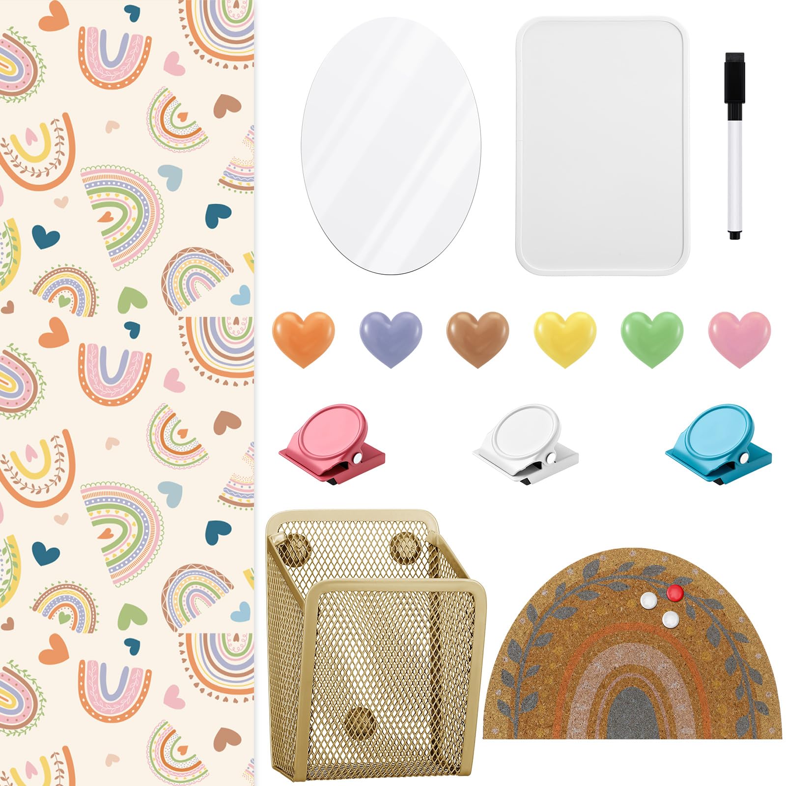 Harloon 15 Pcs Locker Decoration and Organizer Kit Locker Wallpaper Magnetic Pen Holder and Mirror Whiteboard Marker Cork Board with 3 Push Pins 3