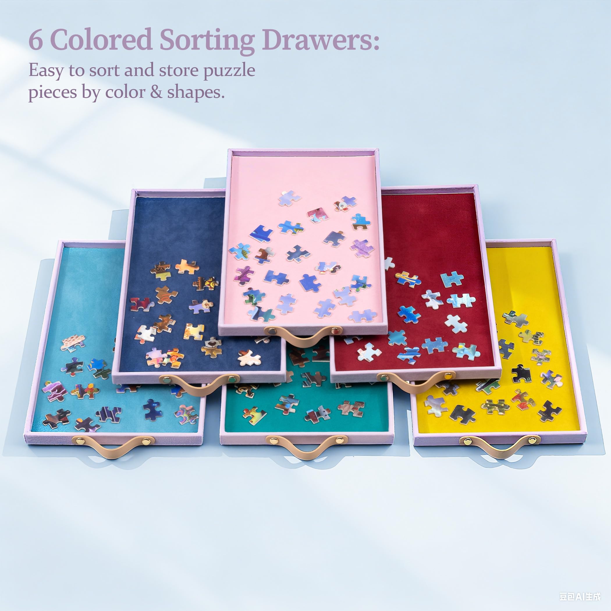 Puzzletisch mit verstellbarem Ständer/Halterung und Abdeckplatte, tragbares Puzzlebrett, DREI Neigungswinkel und sechs Sortierboxen, rutschfeste Flanellmatte, fasst bis zu 1500 Teile
