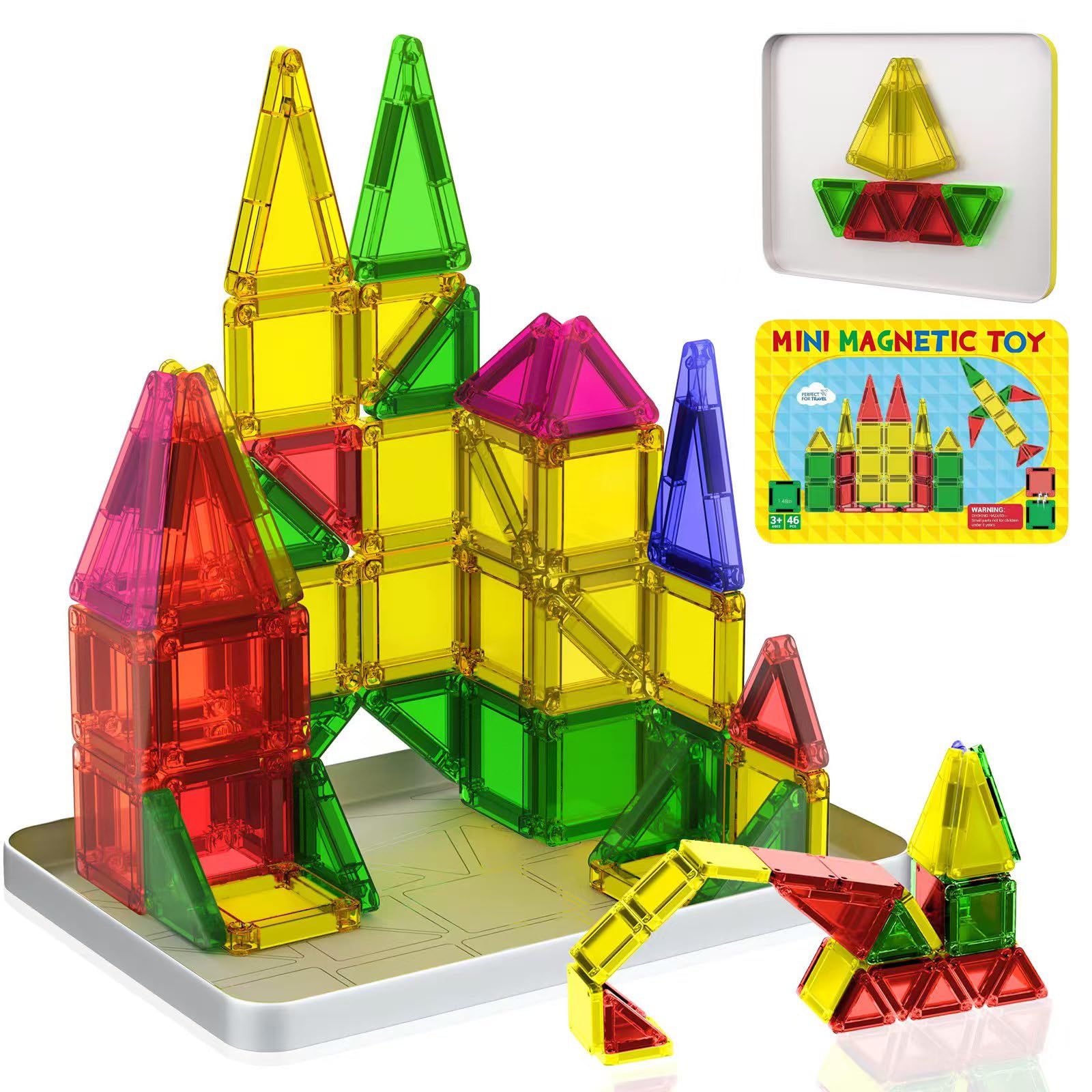 Mini Magnetic Tiles, 46PCS Travel Magnetic Tiles with Case, STEM Educational Building Set Construction Toys for Kids Ages 3+, Portable Building Toys for Toddlers, Boys & Girls Birthday Gift