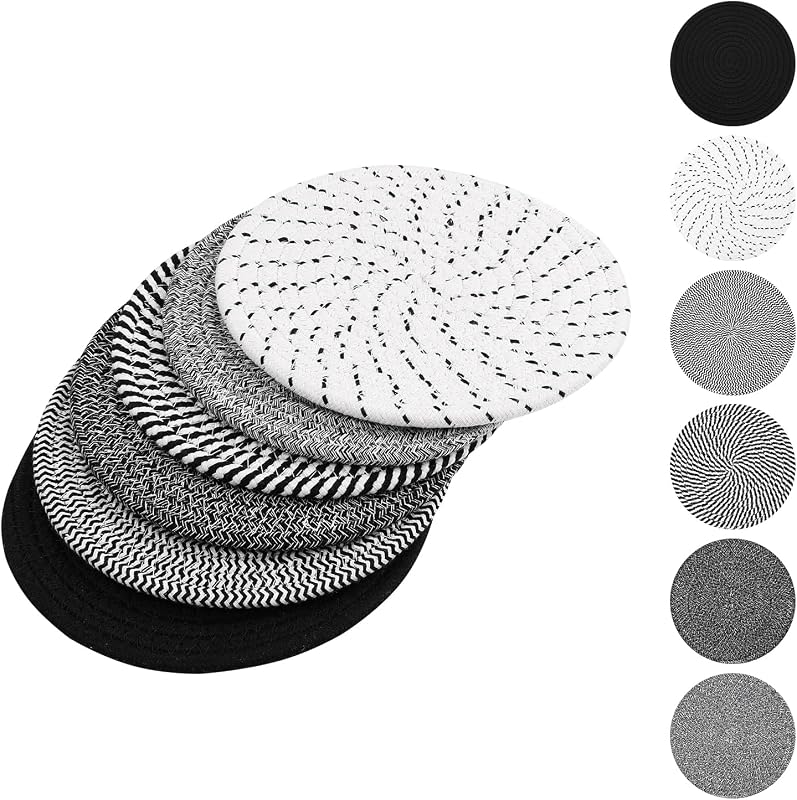 SHACOS 8 Inch Trivets for Hot Dishes 6 Pieces Trivet Set | Heat-Resistant Cotton Trivets Mats for Kitchen, Hot Pads for Countertops Table, Farmhouse Home Decor Essentials, Black