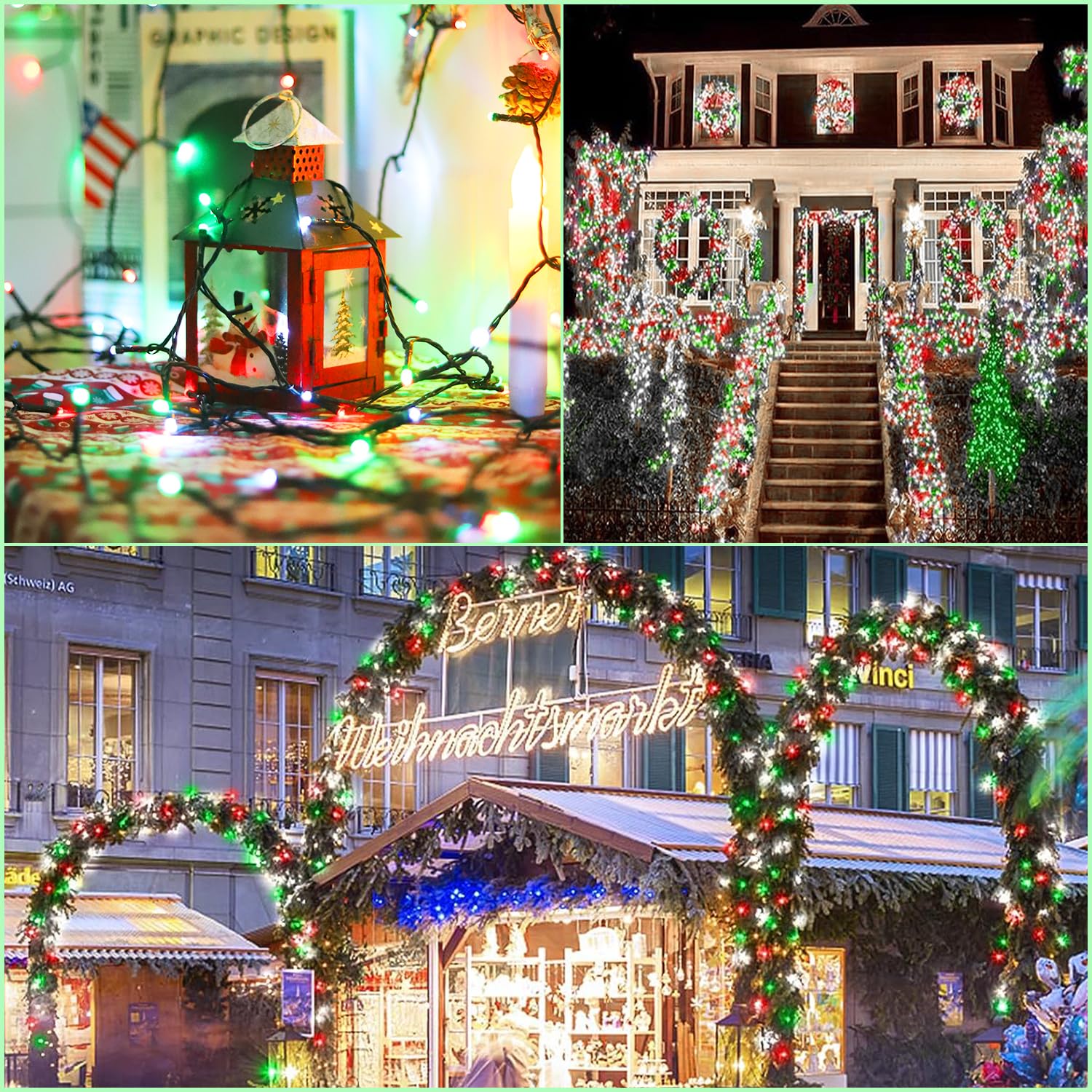 Luces solares de Navidad rojas, blancas y verdes para exteriores, paquete de 2 tiras de 400 luces LED de 152 pies con 8 modos IP44 impermeables para árbol, jardín, patio, boda, fiesta, decoración de