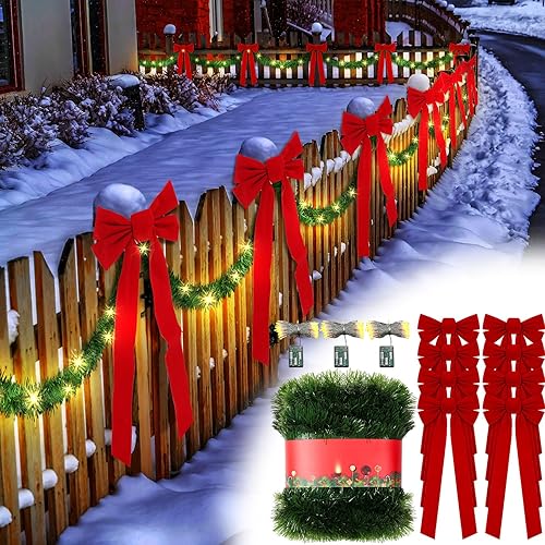 Riceshoot Guirnalda de Navidad de 50 pies con luces y lazos rojos grandes, decoración de valla de Navidad, guirnalda de Navidad artificial con 8 disponible en Yaxa Guatemala