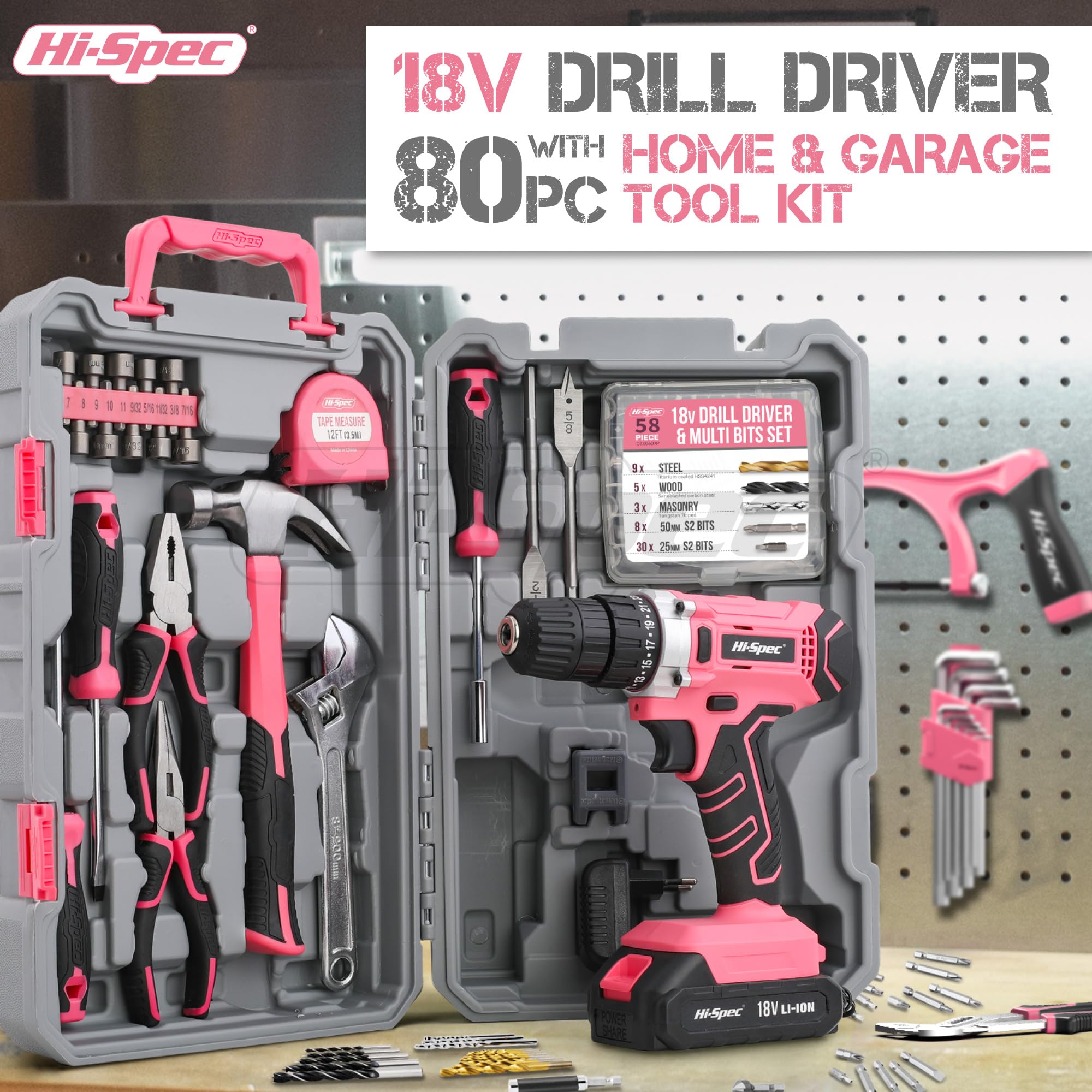 Hi-Spec Caja de Herramientas con Taladro Inalámbrico18V, Rosa | 81 piezas, brocas, destornilladores, alicates y llave, maletín para bricolaje en casa y taller, uso diario