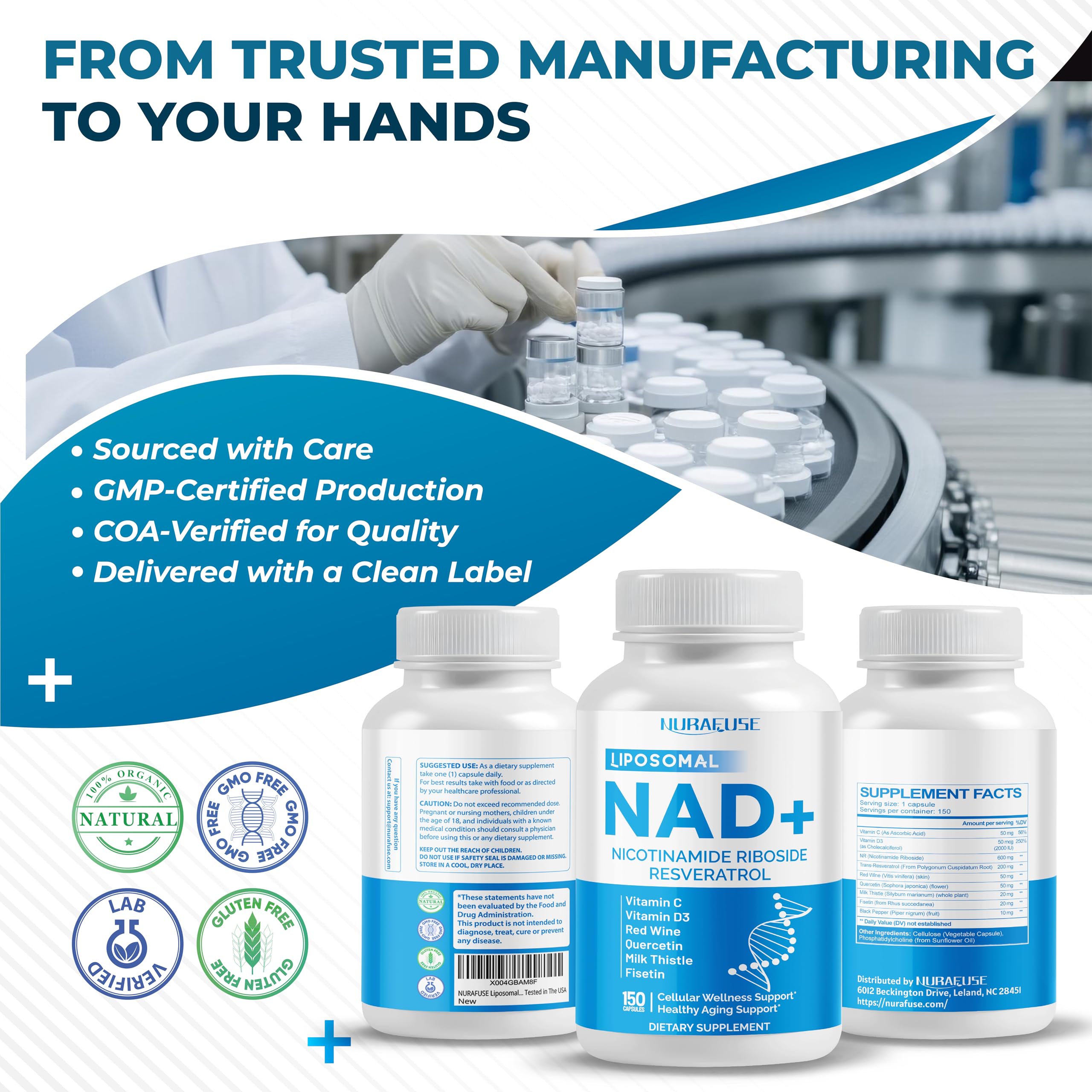 Transresveratrol NAD+ liposomal con vino tinto, cardo mariano, quercetina y fisetina, ayuda a envejecer saludablemente, fabricado y probado en los EE. UU.