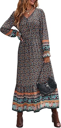 PRETTYGARDEN Long Sleeve Maxi Dress for Women V Neck Casual Button Down Boho Long Floral Dresses