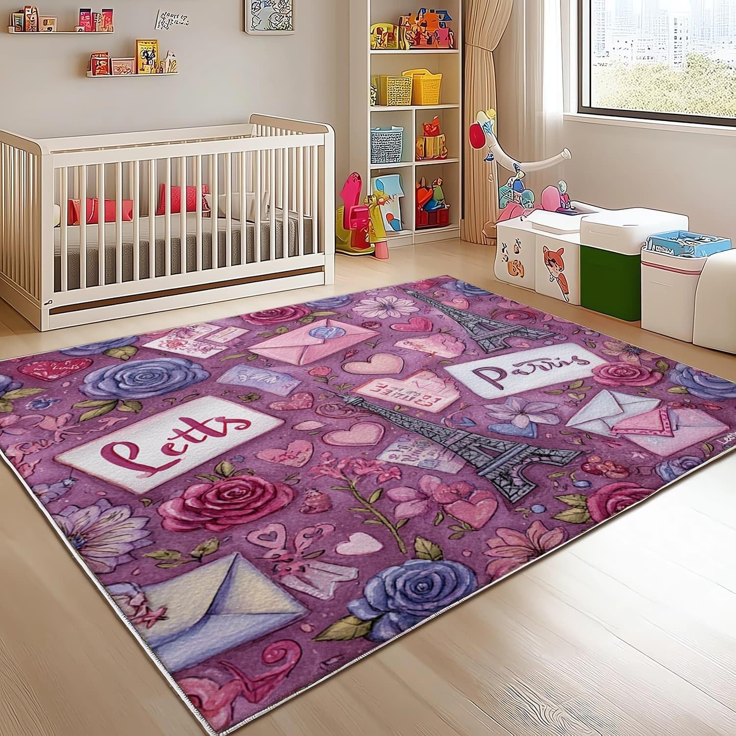 Nowoczesny miękki dywan do salonu 160 x 230 cm paryski romantyczny motyw antypoślizgowy spód, nadaje się do prania do 30 stopni, wejście wewnętrzne, fioletowe dywaniki do dużych rozmiarów