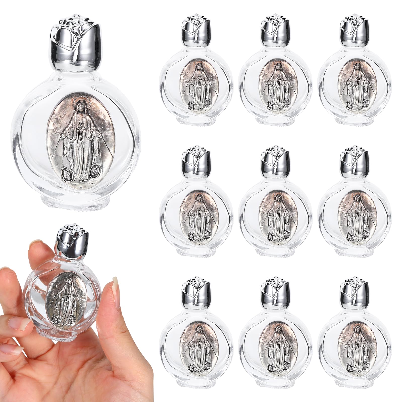 12 Pcs Glass Holy Water Bottles, Decorative 0.5 Floz Holy Water Container Embossed Portable Glass Travel Bottles Jesus Refillable Catholic Girl Communion Church Gifts for Home Wedding Baptism Favors