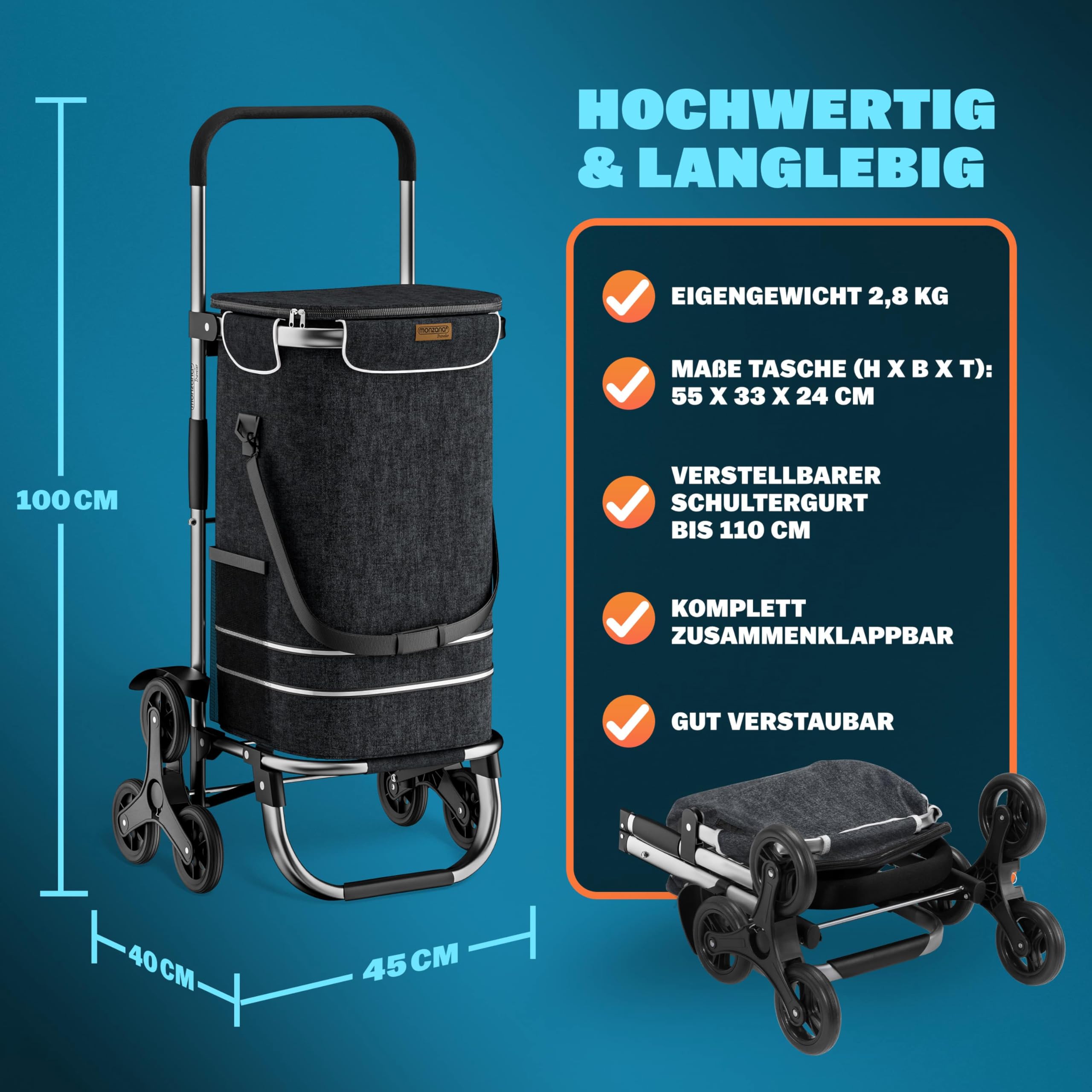MONZANA® 3in1 Einkaufstrolley 56L bis 50 kg klappbar abnehmbare Tasche 6 Rollen Tragegurt Treppensteiger Einkaufswagen Einkaufshilfe Trolley Schwarz Meliert