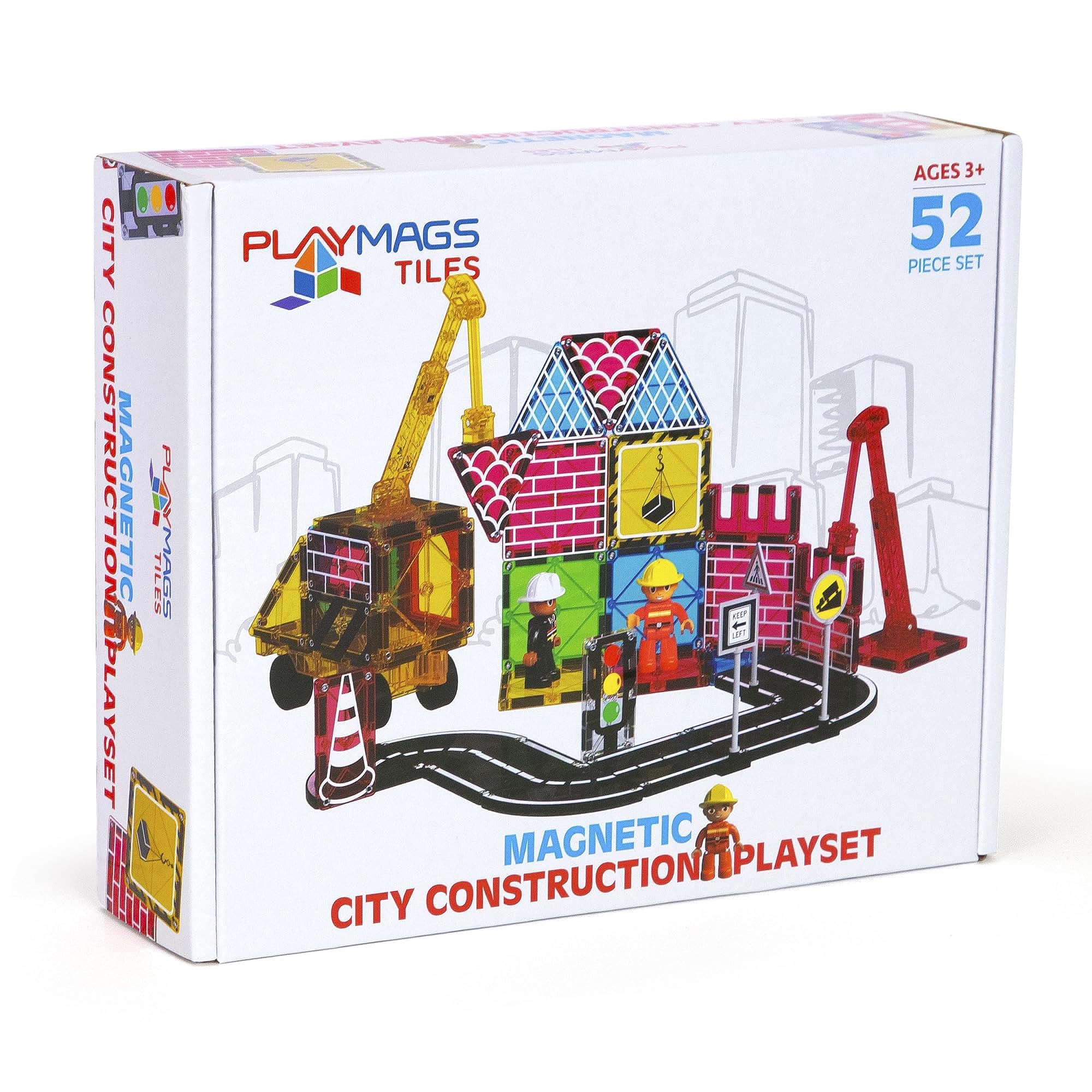Playmags 52-Piece City Construction Magnetic Tiles Set, Building Blocks with Crane & Road Pieces, Educational STEM Toys for Boys & Girls Ages 3+