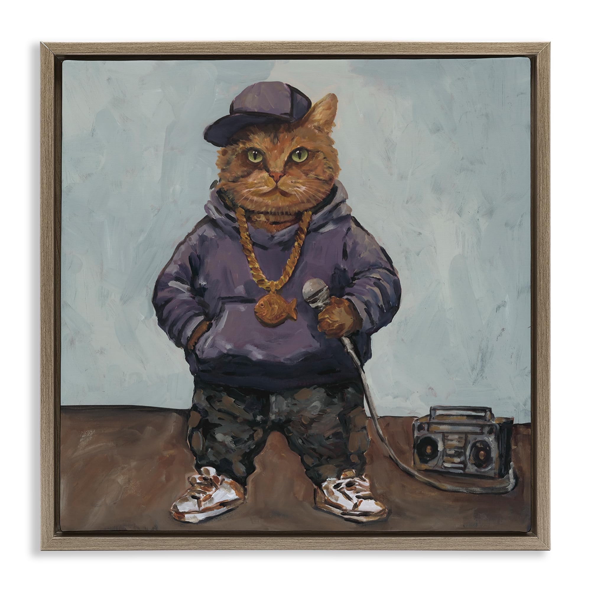 Stupell Industries 'Urban Hip-Hop Cat', Floating Frame Canvas Art, Brown, 18 x 18 Inches, Easy to Hang and Sturdy, Made in USA, by Studio Bautista