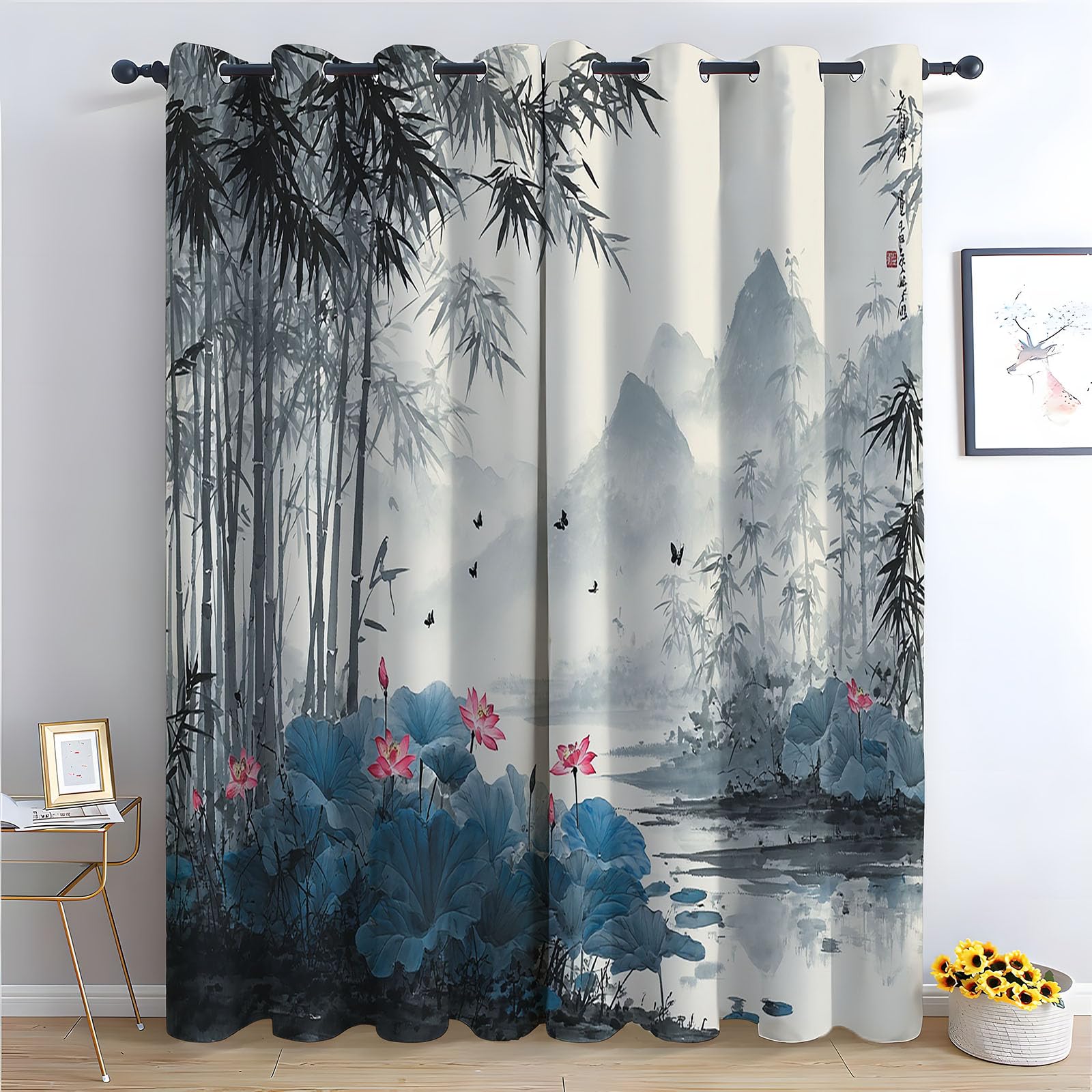 WQBQKKX Plant Curtains Window Ink Painting Farmhouse Flower Print Decorative Grommet Window Drapes Blackout Curtains for Bedroom-52 W x 108" L (Pack of 2)