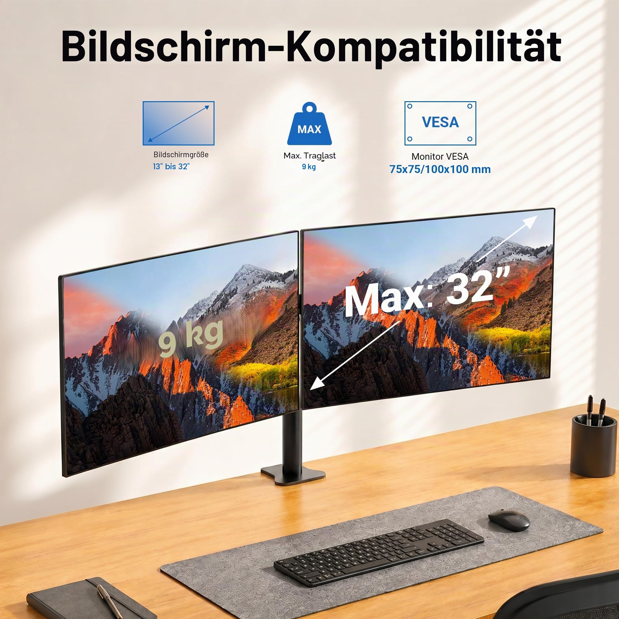 GRIFEMA Monitor Halterung 2 Monitore, für 13-32 Zoll Bildschirm, Monitor Stand, Dual Arm Höhenverstellbar Drehungbar, Monitorhalterung Max 9Kg, Bildschirmhalterung Vesa 75x75/100x100, GB2001-2