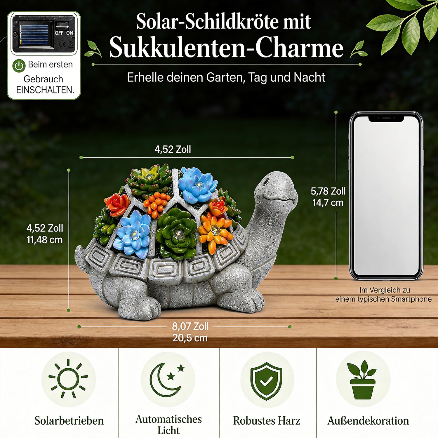 Yeomoo Solar Gartenfiguren Schildkröte Gartendeko für Draußen, mit Sukkulenten und 7 LED Leuchten Home Balkon Dekoration, Figur Kawaii Geschenke für Frauen/Mama Deko für Zimmer Terrasse