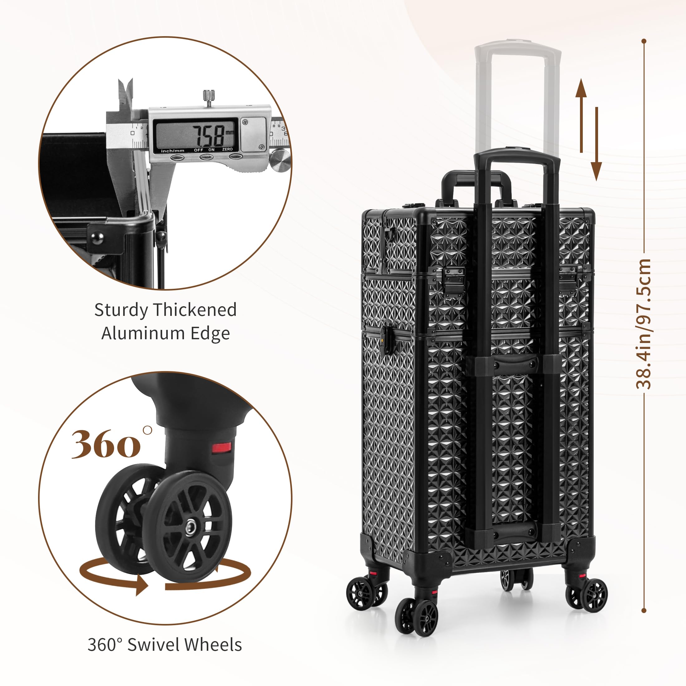 AROUS Rolling Makeup Train Case on 2 Large Drawer, Multi-functional Cosmetic Trolley with 360° Swivel Wheels Keys, Large Storage Traveling Cart Trunk, Train Cases for Nail Technicians Hairstylist