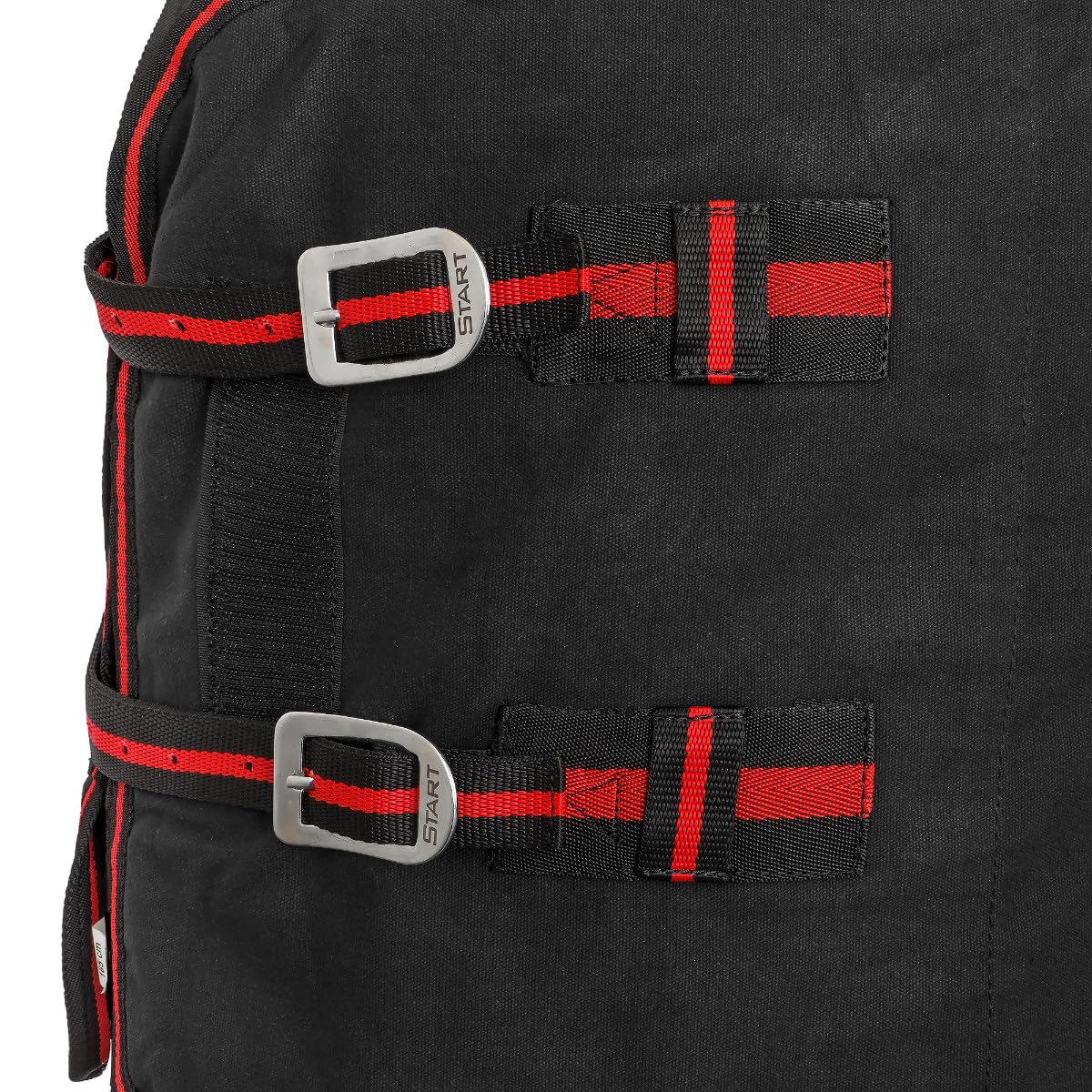 Start Stalldecke Pferd Baumwolle & Polypropylen - atmungsaktive Pferdedecke mit Kreuzgurten, Schweiflatz & Widerrist-Polsterung - robust & komfortabel - Cotton (Schwarz/Rot, 135cm (0g/m²))