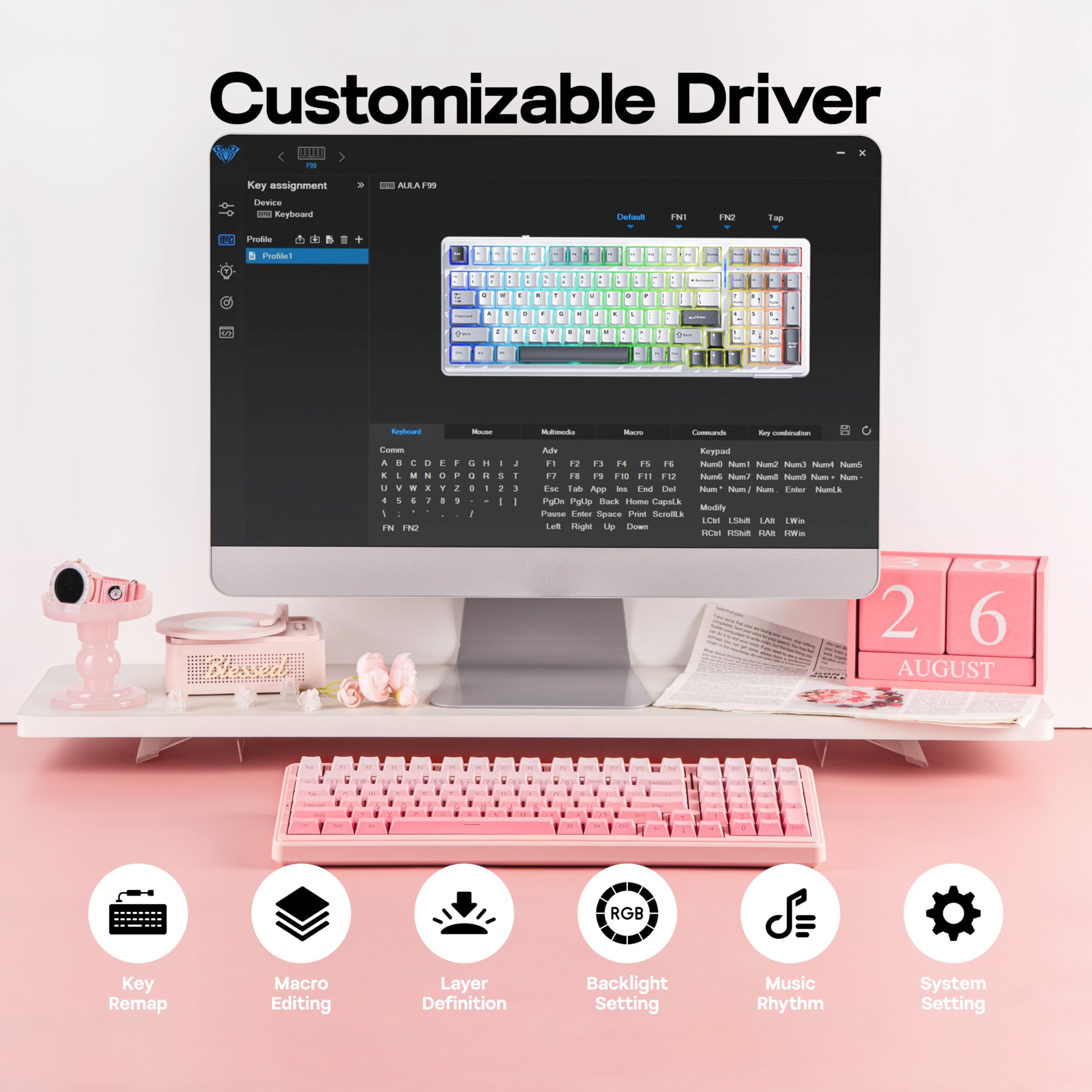 MechLands Aula F99 - Teclado inalámbrico para juegos al 96%, batería de 8000 mAh, teclado mecánico de junta cremosa, BT/2.4GHz/USB-C, intercambiable en caliente, interruptor lineal prelubricado, RGB