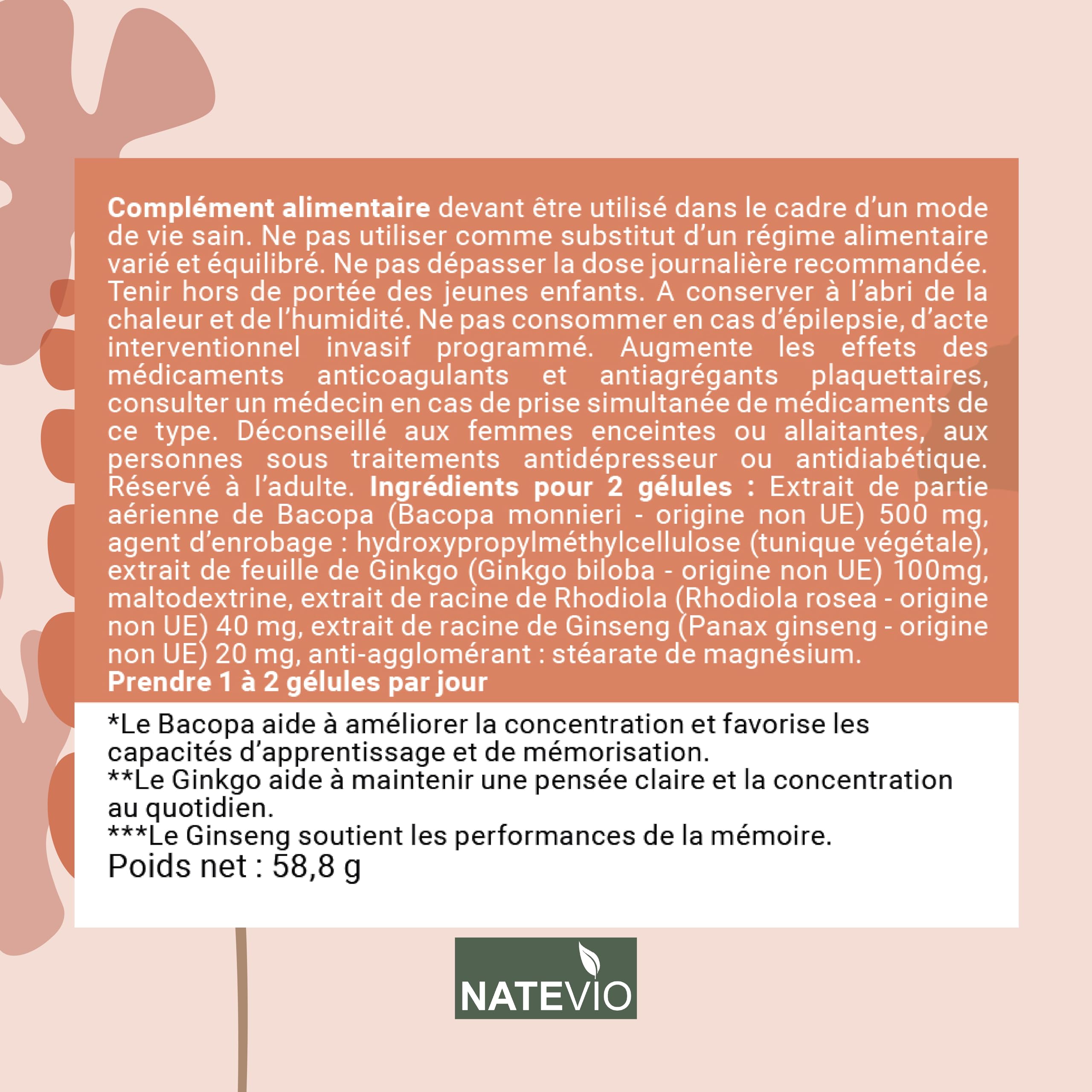 Natemémo – Mémoire & Concentration – Bacopa 500 mg, Ginkgo, Rhodiola, Ginseng – 120 Gélules Végétales – Complément Alimentaire Naturel - Sans Caféine - Made in France
