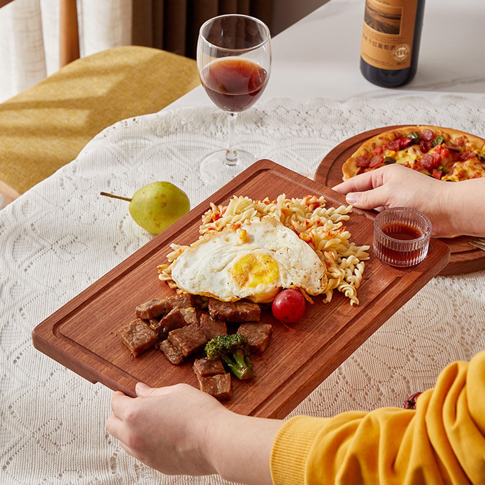 MRKU Bandeja de Madera con asa para Servir Pizza, Filete, Borde Elevado, Ideal para Fiestas, cenas y desayunos.