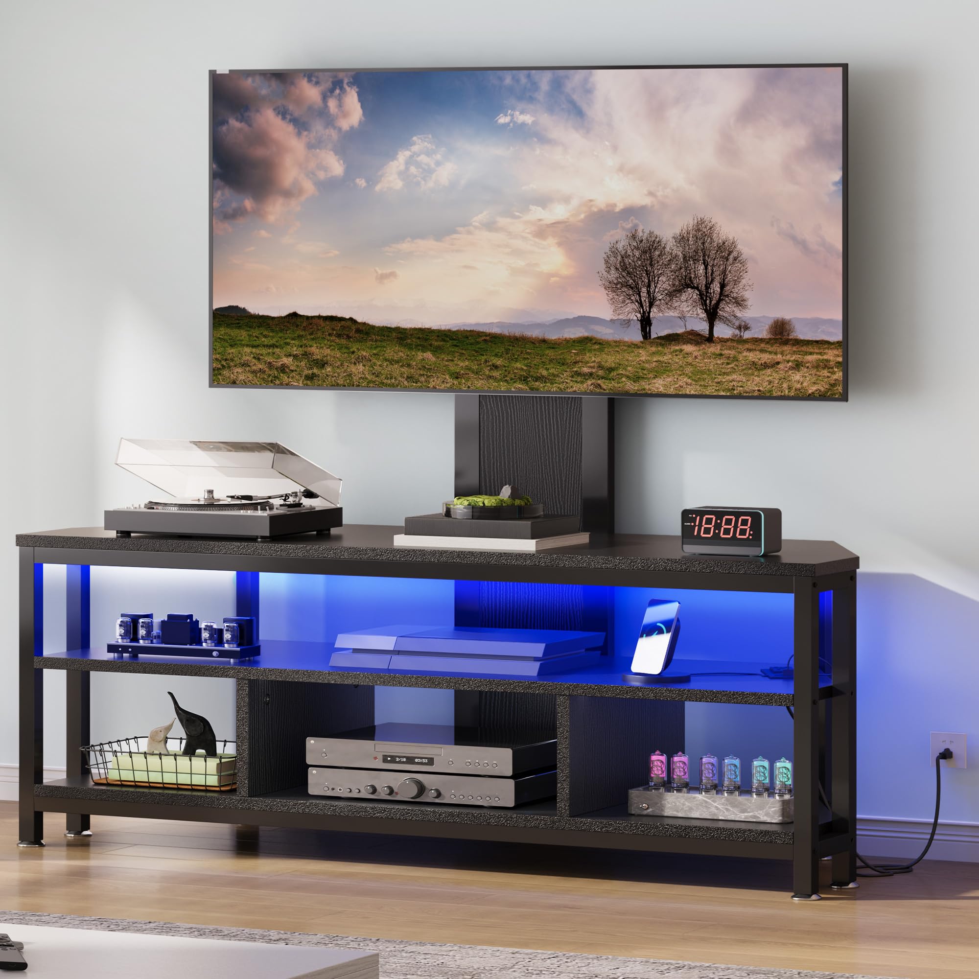 DWVO Black TV Stands for Living Room w/Power Outlet, TV Stand with Mount, LED Entertainment Center for 70/65/60 inch TV, Height Adjustable TV Console Cabinet, Black