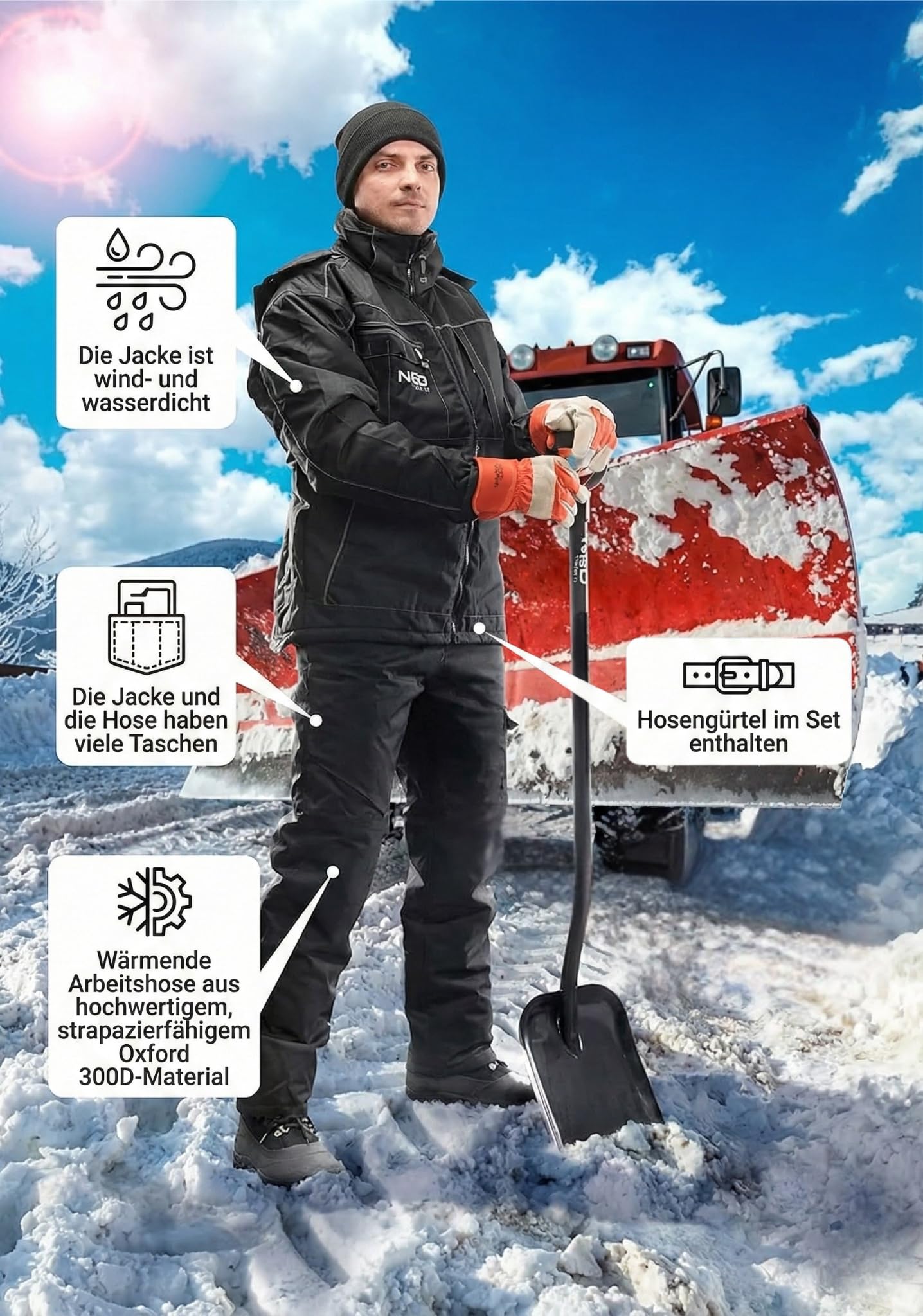 NEO TOOLS Thermo Männer Winter Arbeitshose oder Set mit Winter Arbeitsjacke | Gr. S(48) - 3XL(58), Robuste, Warme, Wasserdichte, Winddichte aus Verstärktem Oxford-Gewebe