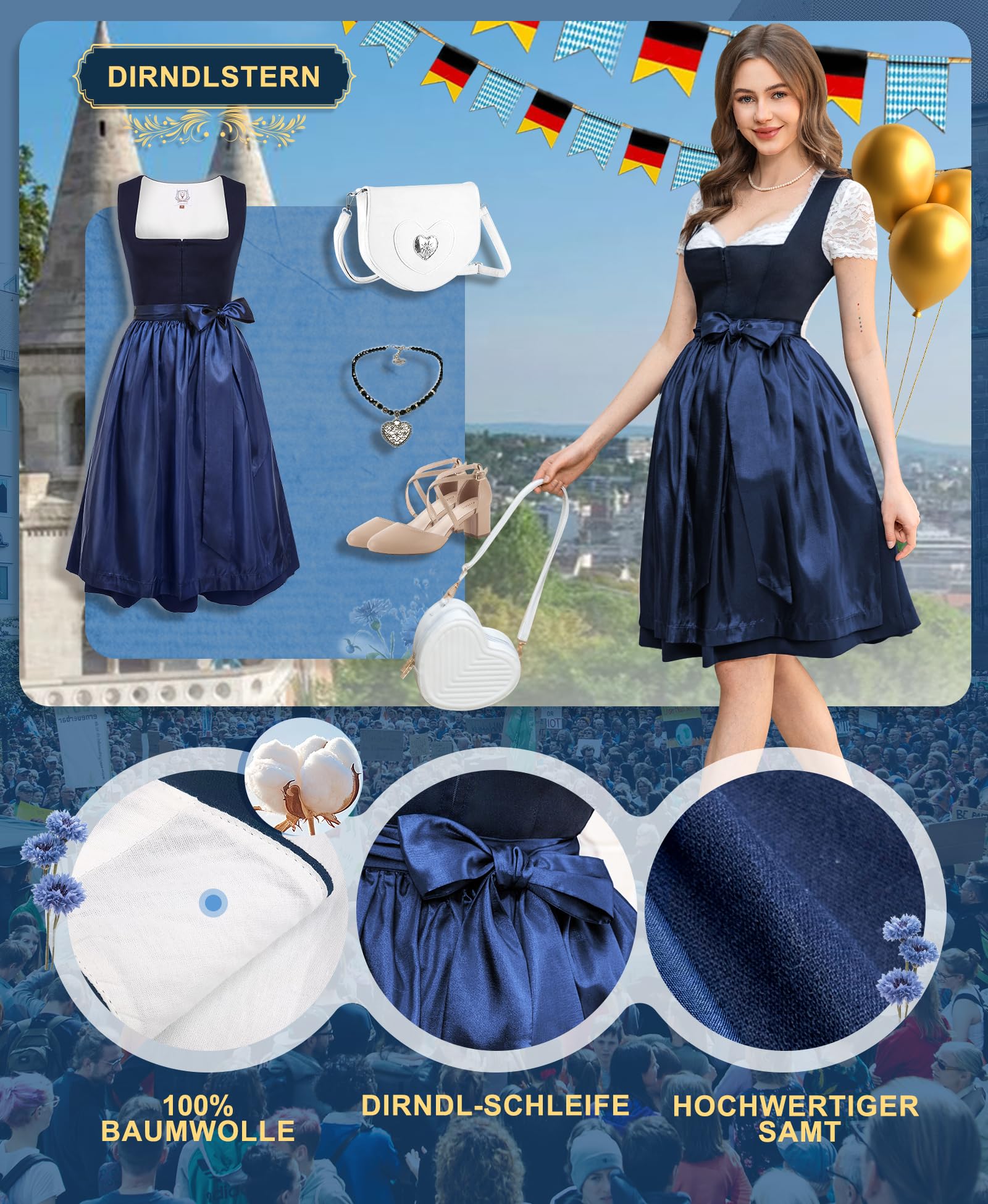 DIRNDLSTERN Damen Blau Ohne - Schnürung Midi Damen Outfit Oktoberfest 2025