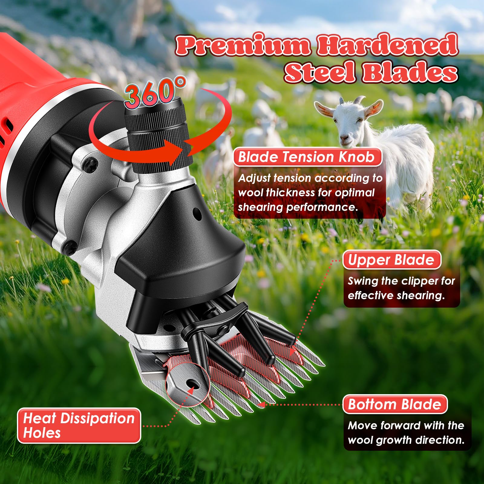 Moongiantgo Schafschermaschine Elektrische 1000W 2400RPM, Professionelle Schermaschine Schaf mit 6 Verstellbaren Geschwindigkeiten, Schafschere für Ziegen, inklusive Öl, Schraubendreher (Rot)