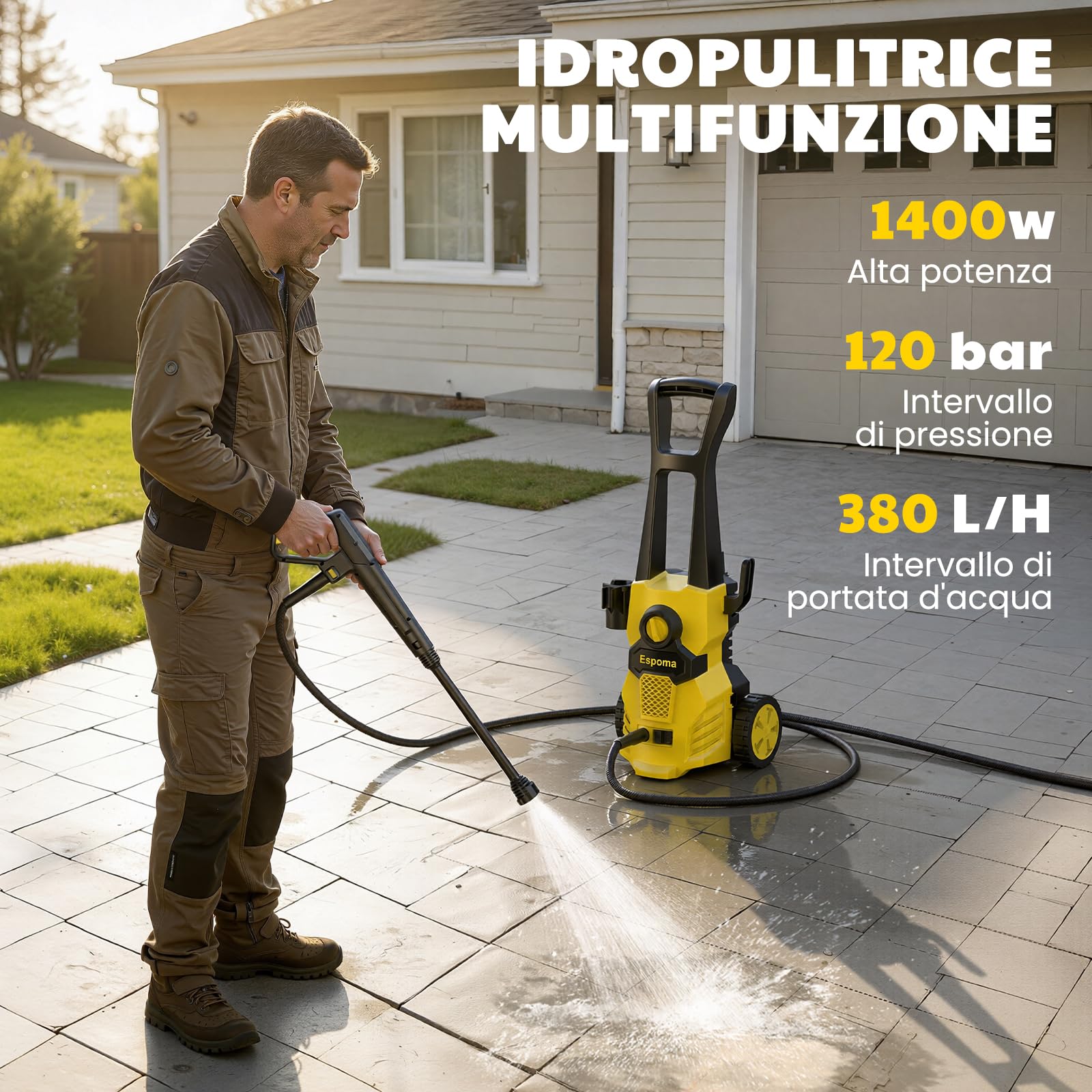 𝟖𝟖%𝟎𝐟𝐟 Idropulitrice professionale 120 Bar - Idropulitrice 1400W Max, idropulitrice ad alta pressione Portata 380 L/h, funzione Autoadescante, 7m Tubo Alta Pressione, per Pulizia Auto e Terrazzo - 2