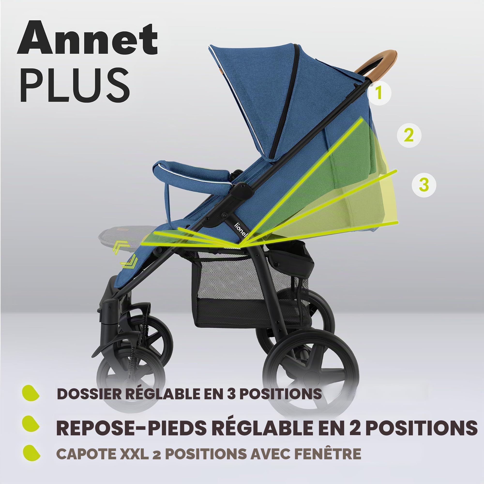 LIONELO Annet Plus Poussette de naissance jusqu'à 22 kg Poussette légère et pliable avec dossier inclinable en position couchée Roues en mousse EVA Moustiquaire Couverture Porte-gobelet Panier XXL