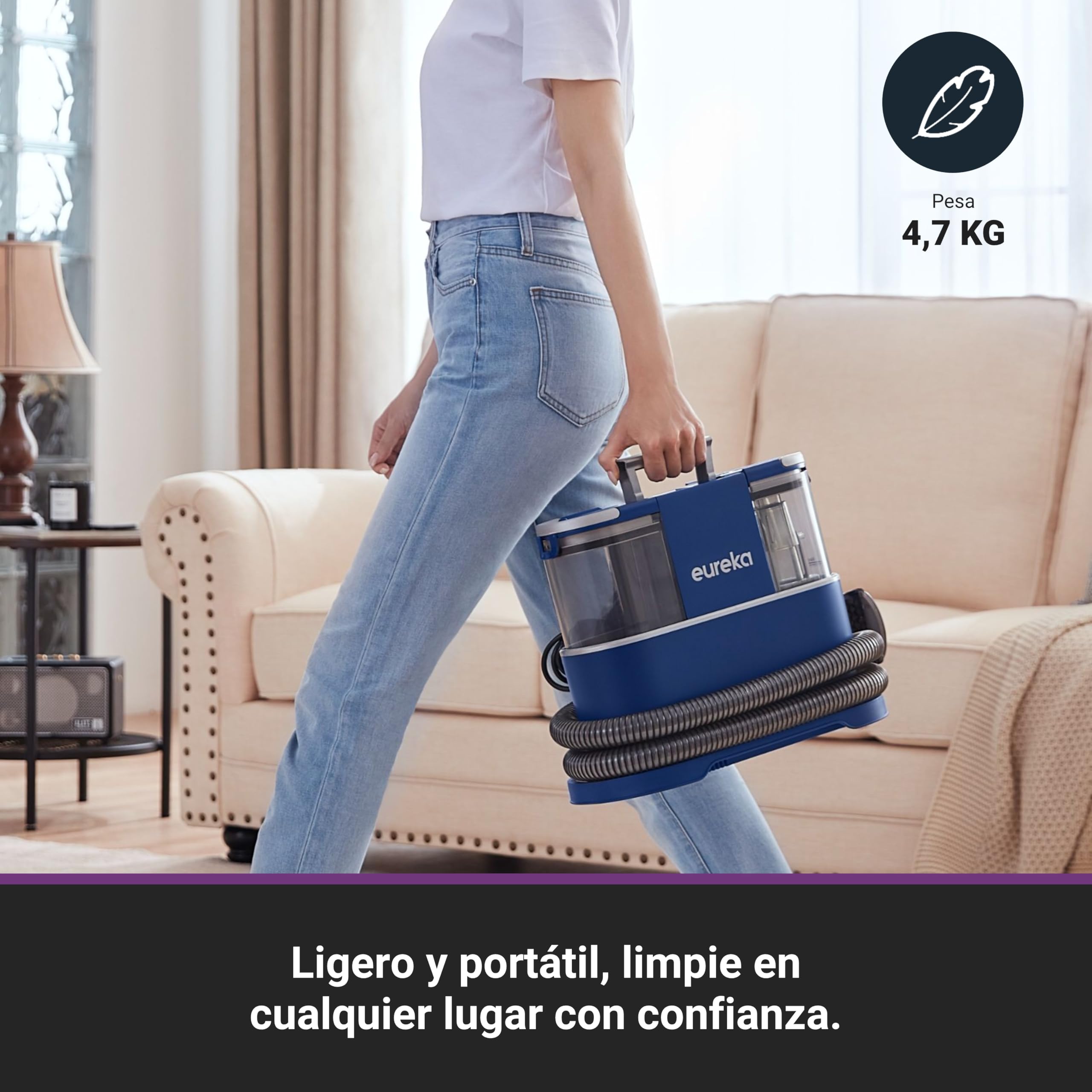 Eureka Aspirador de alfombras | Limpiador de Manchas Multisuperficie para Alfombras, Moquetas, Tapicería, Escaleras y Coche | Depósito de Agua Grande de 1,5L, NEY100 con Fórmula Limpiadora, Azul