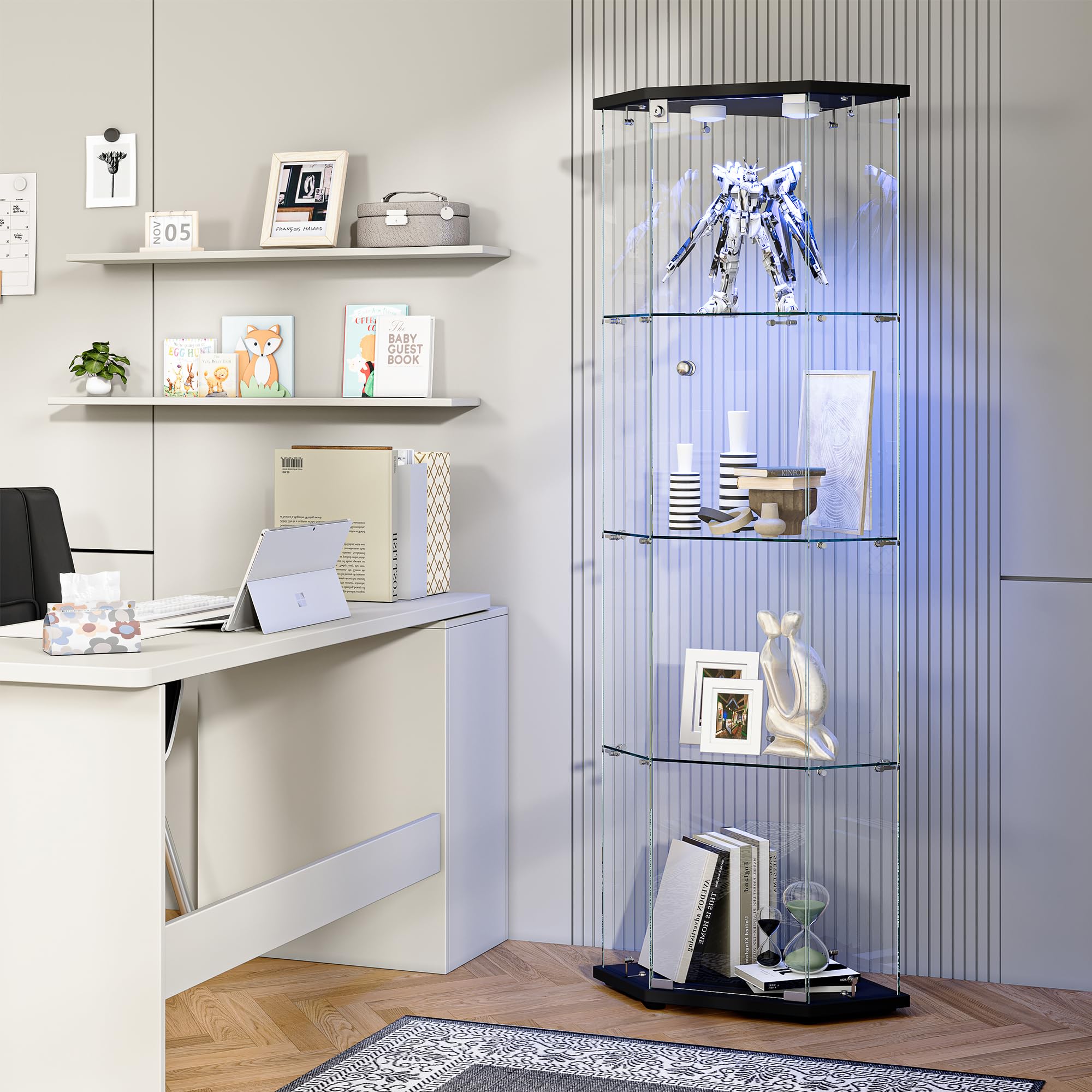Vitrina De Cristal LED Para Colección Con 1 Puerta, Armario Esquina De 4 Capas Con Cerradura, Mueble Transparente Para Salón, Bar, Dormitorio, Oficina - Negro