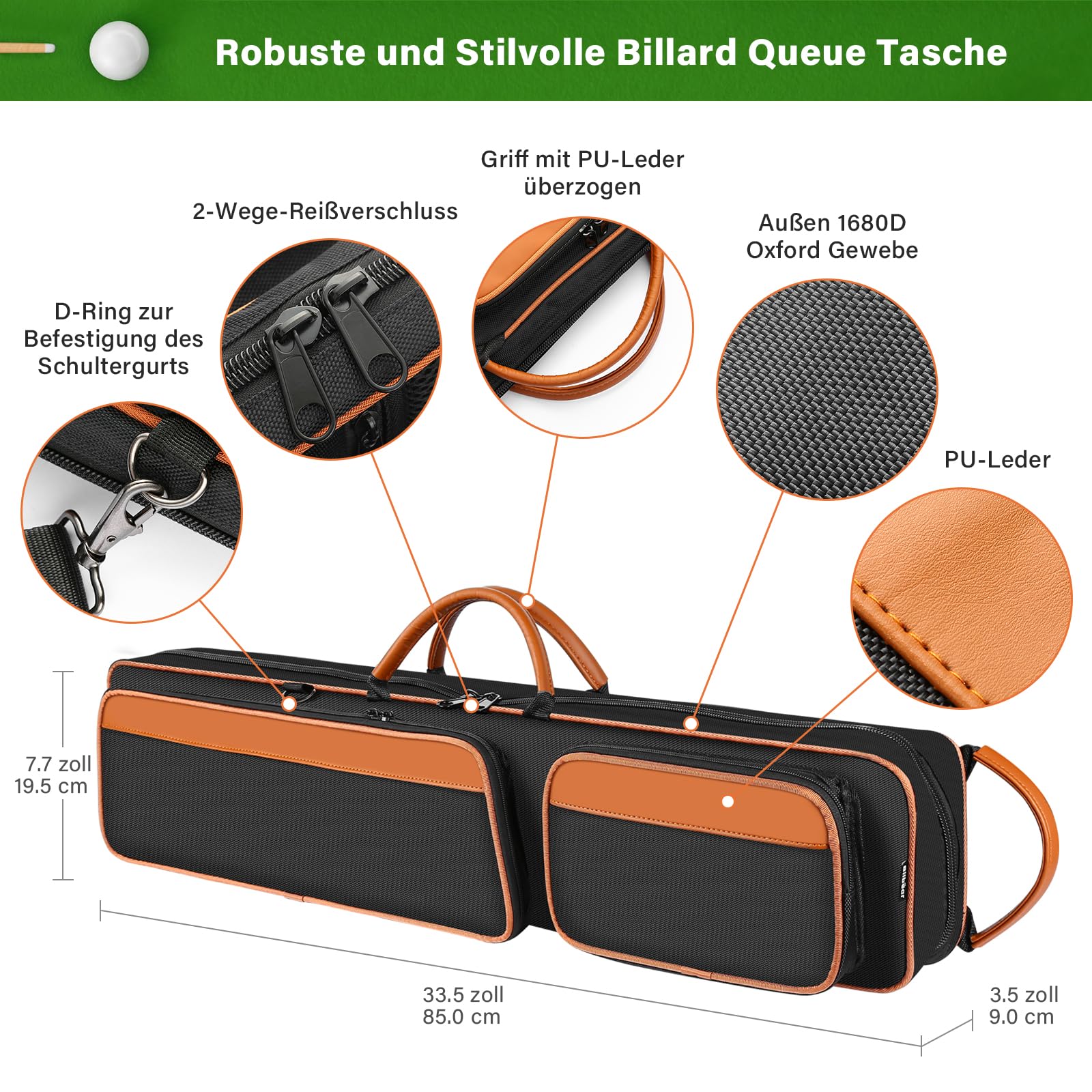 4x5 Billard Queue Tasche für 4 Unterteile und 5 Schäfte,Weich Gepolsterte Pool Queue Tasche mit Großen Vordertaschen für Billard-Zubehör,Billard Queue Koffer mit Schultergurten für Einfaches Tragen