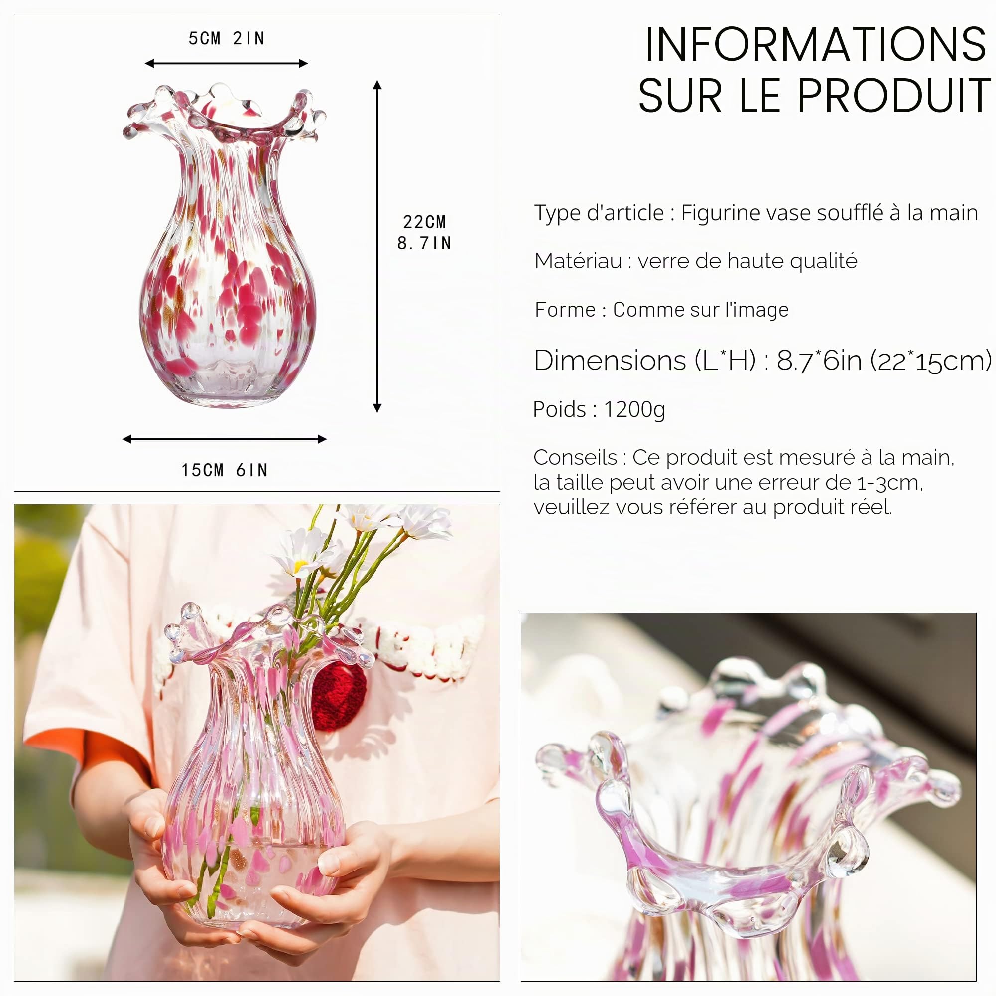 QFkris Vase en Verre soufflé à la Main, Vase à Fleurs d'art Moderne avec pétales Roses, 22,1 cm de Haut pour Salon, Salle à Manger, Table, Centre de Table, décoration de Bureau