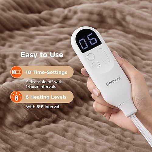 Vista 293 de Bedsure GentleSoft - Manta térmica eléctrica, suave manta eléctrica de franela acanalada, calefacción con 4 ajustes de tiempo, 6 ajustes de calor