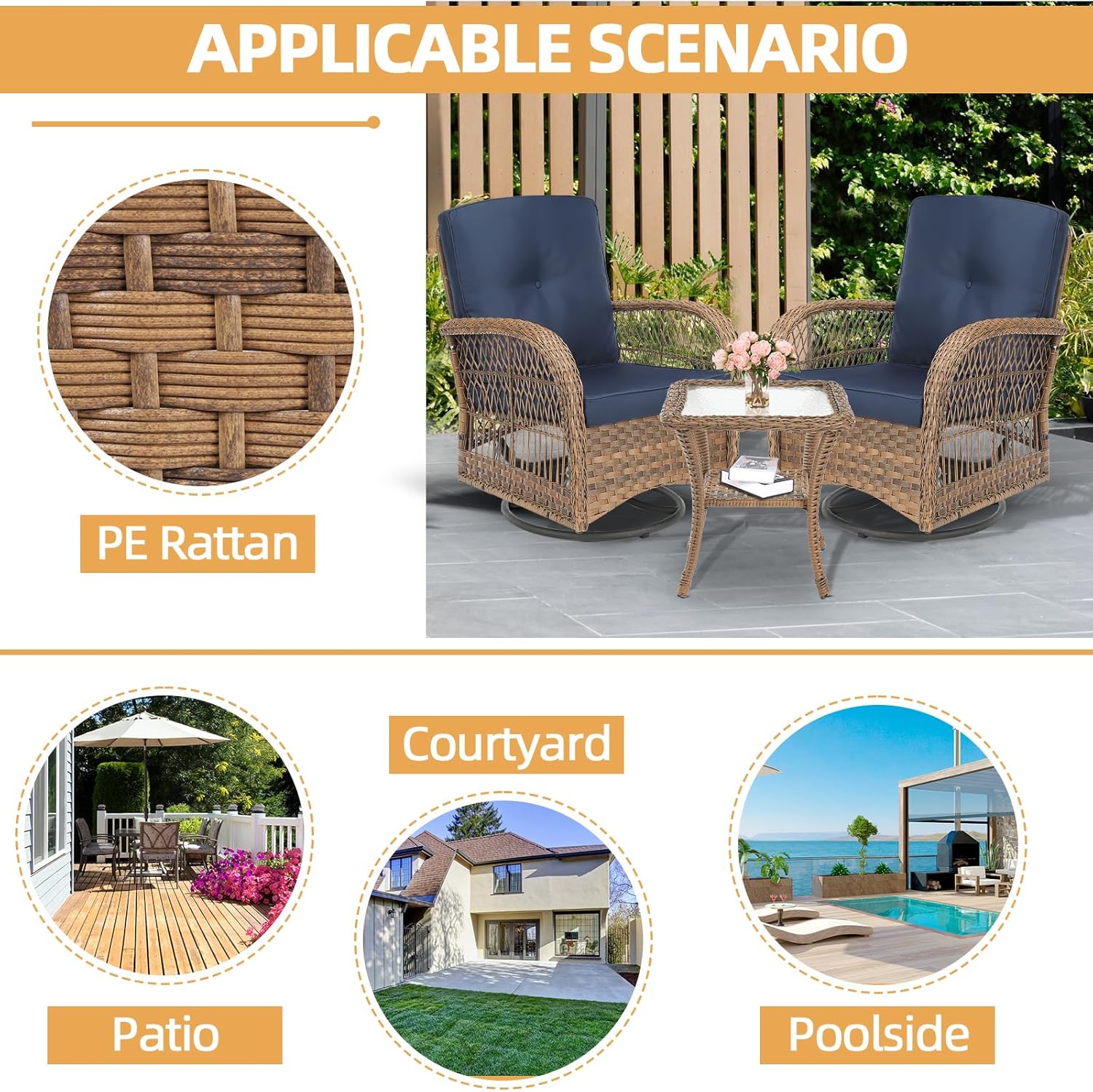 3 Pieces Wicker Patio Bistro Set, Outdoor Furniture Patio Conversation Set of 360 Degree Swivel Glider Rocker Chair with Thickened Cushions and Glass Coffee Table for Backyard (Navy Blue)