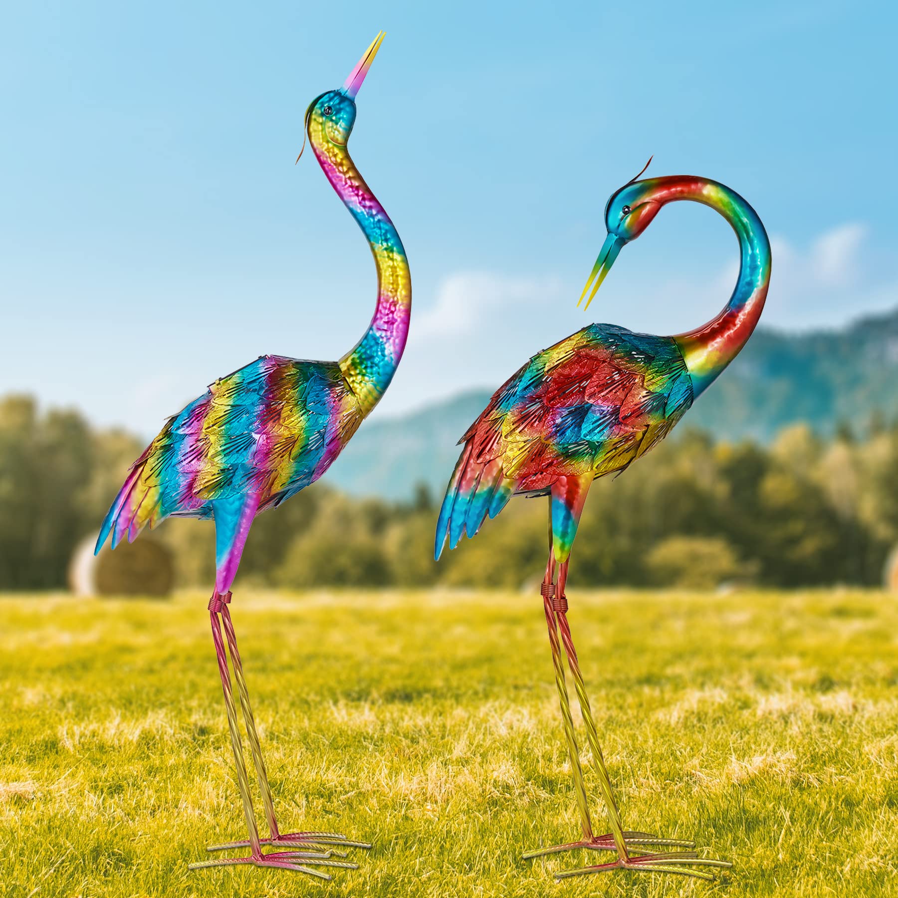 Kircust Crane Garden Sculptures and Statues, Metal Heron Decoy Standing Birds Yard Art with Solar Lights, Large Size Outdoor Statues for Lawn Patio Pond Decorations, Set of 2