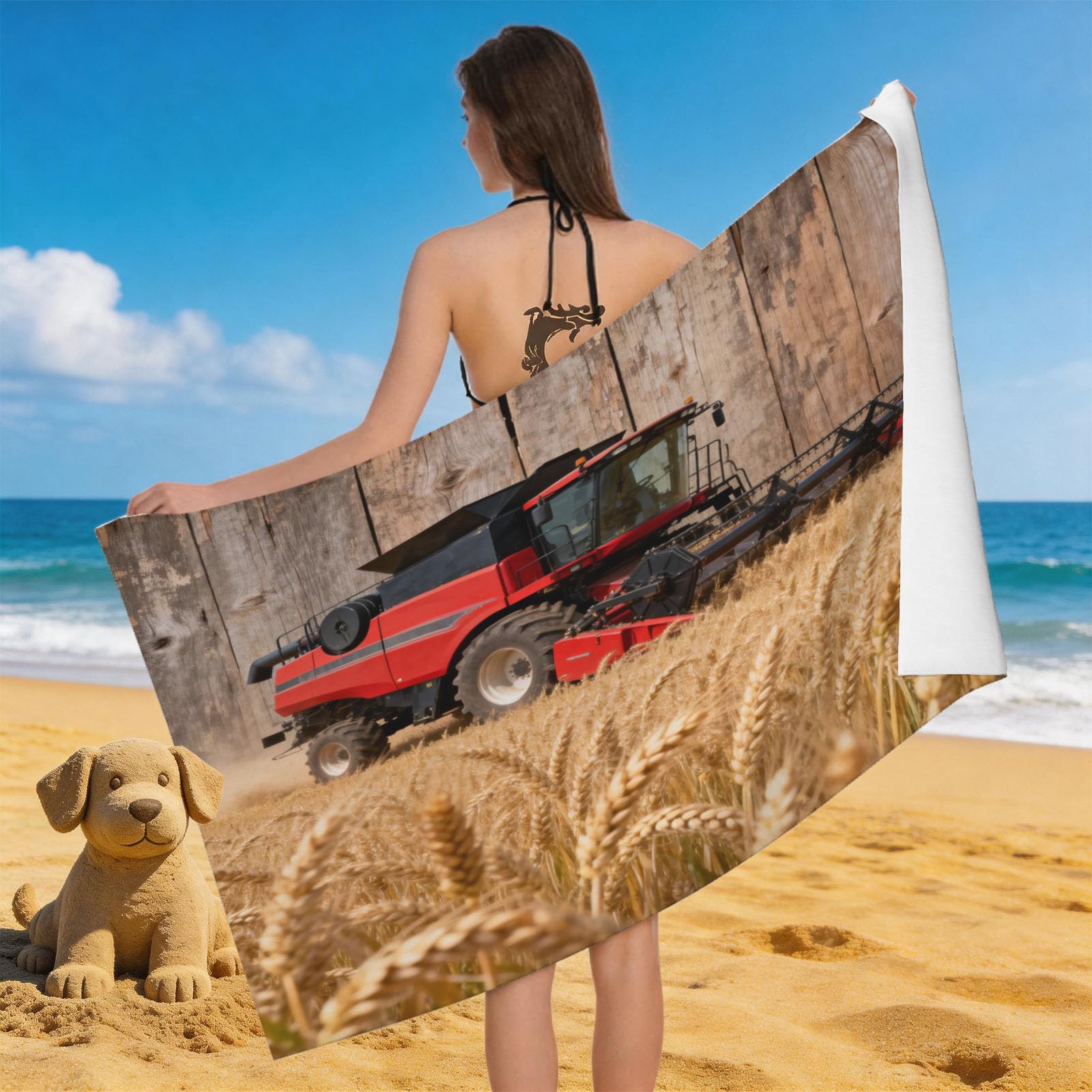 Leichong 3D Harvester Beach Towel Microfiber Soft Quick Dry for Adults, Machinery Bath Towel Lightweight Soft Absorbent for Travel Swimming Pool Sports, 75 x 150 cm