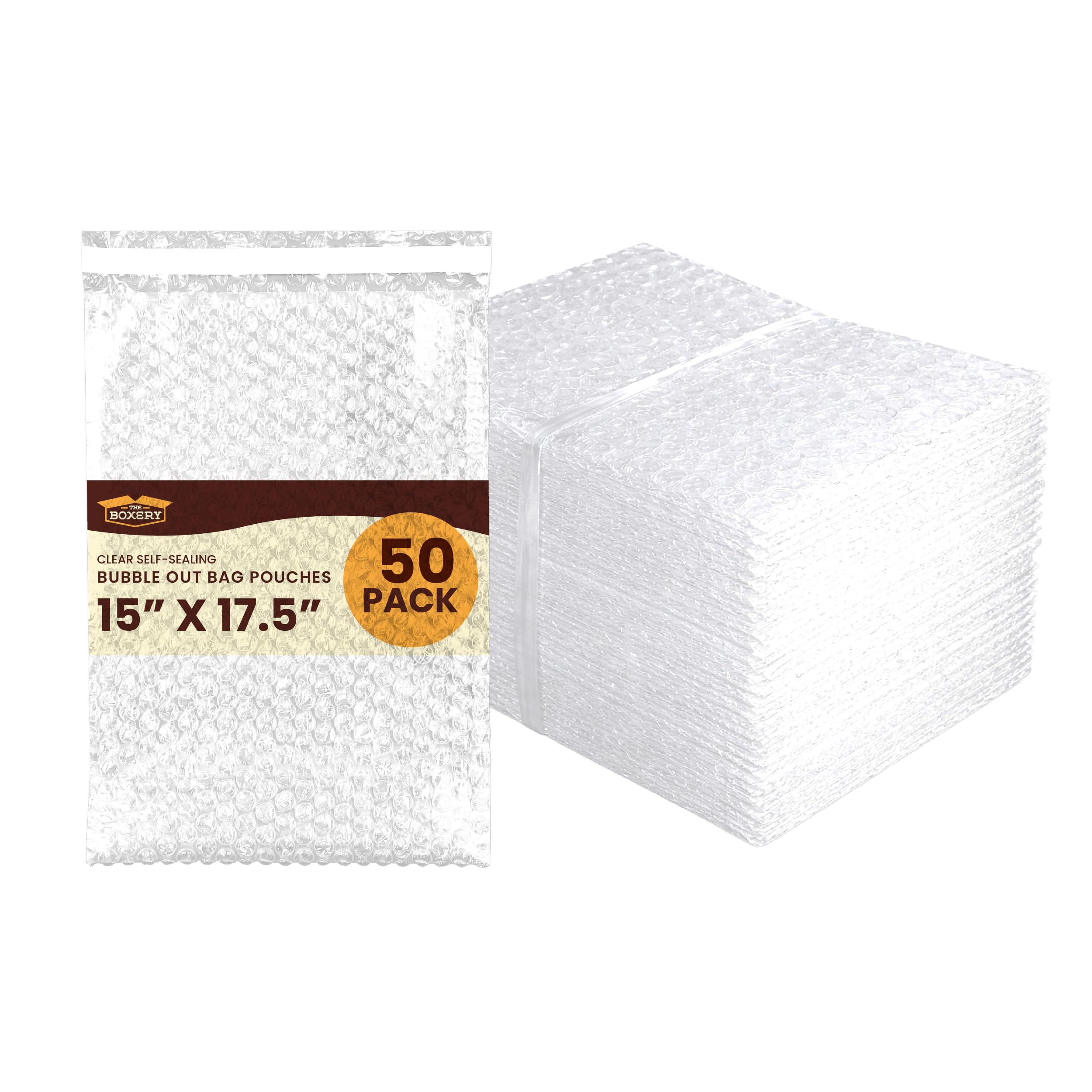 The Boxery 15x17.5" Clear Self-Sealing Bubble Out Bag Pouches -50 Pack- Bubble Cushion Wrap Bags for Packing, Storage, Moving, and Shipping fragile