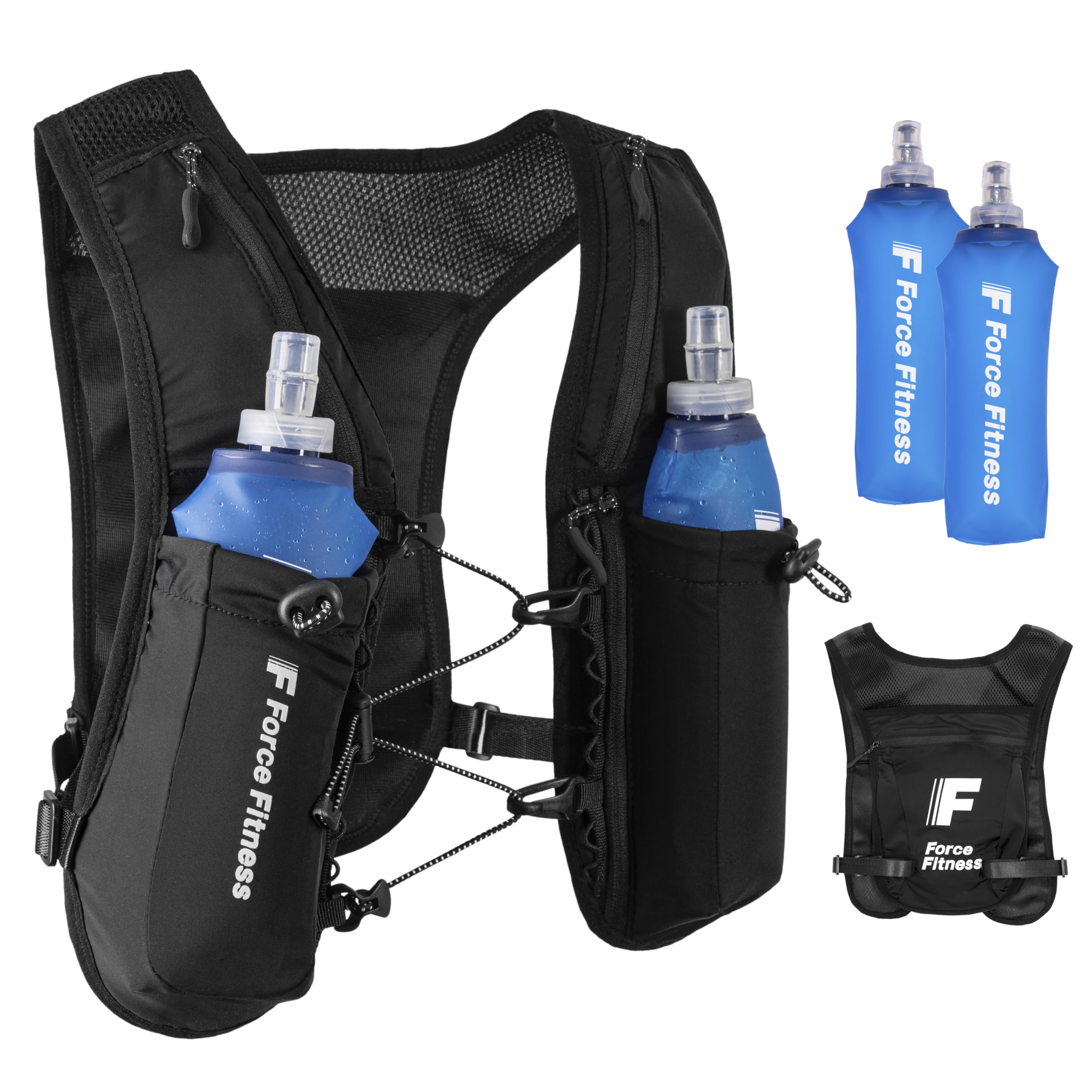 Force Fitness Running Hydration Vest for Runner - Trail Running Vest with Pockets for Phone & Keys, Adjustable Race Hydration Vest for Marathon & Long Runs (with 2x 500ml Water Bottles or Vest Only)
